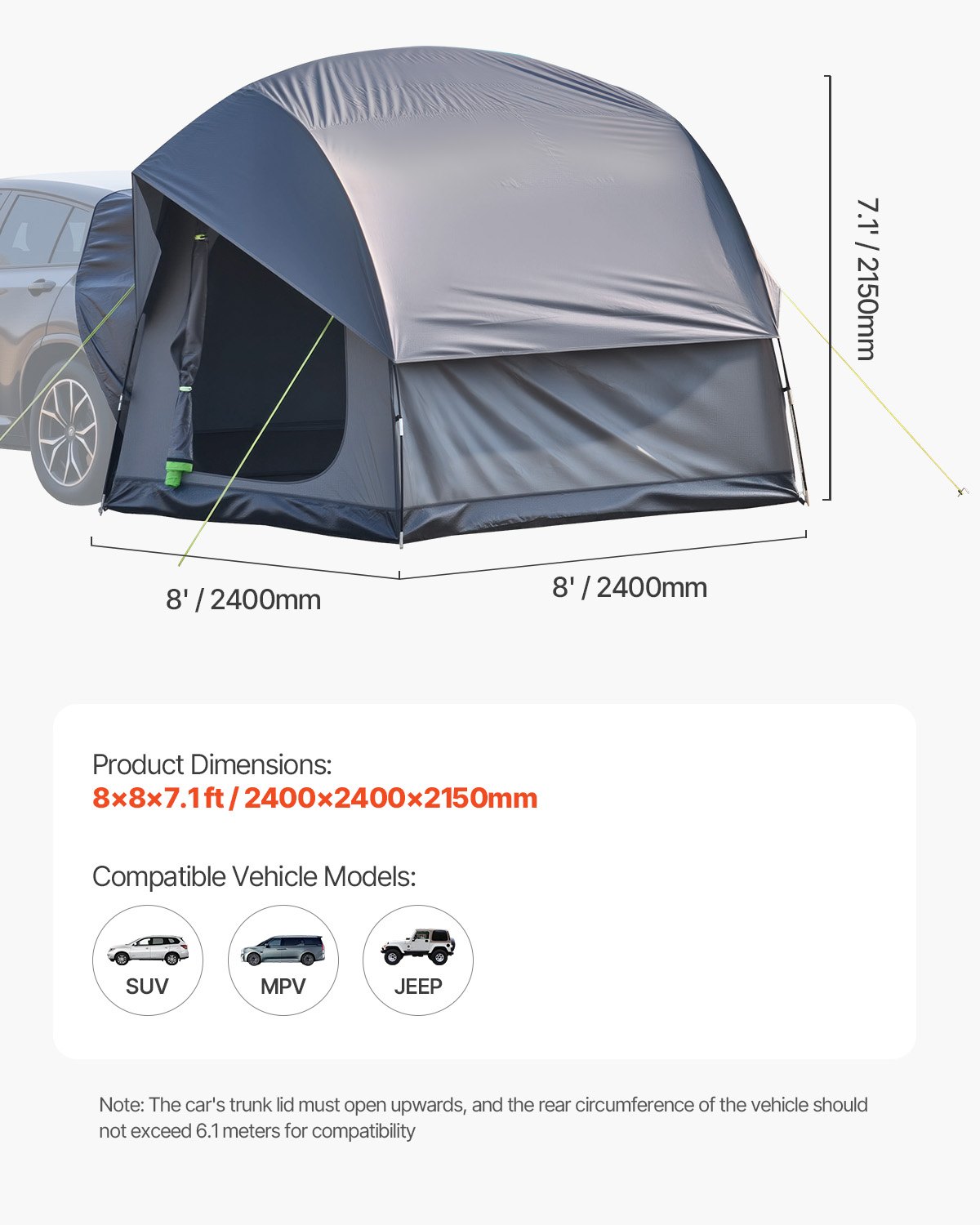 SUV Tent for Camping, 8FT L x 8FT W, Waterproof PU2000mm Spacious Double Layer Design for 5-8 Person, SUV Camping Tent with Mesh Windows, Includes Rainfly & Storage Bag, for Outdoor Activities - Image 7