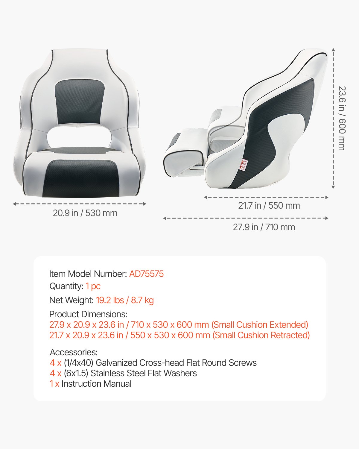Boat Seat, High Backrest, Flip Up Boat Seat Captain Bucket Seat with Thickened Sponge Cushion & Waterproof PVC Leather, Ergonomic Design, Folding Boat Seat for Boats, Yachts, Ships, White & Grey - Image 7