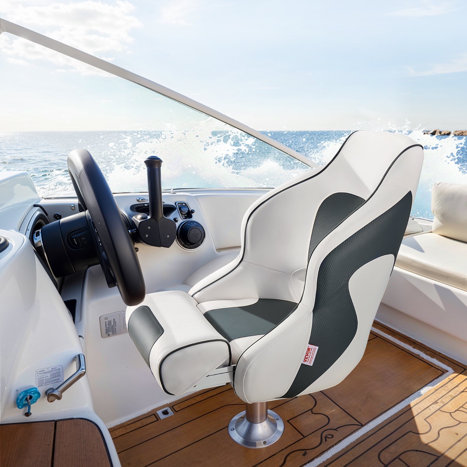 Boat Seat, High Backrest, Flip Up Boat Seat Captain Bucket Seat with Thickened Sponge Cushion & Waterproof PVC Leather, Ergonomic Design, Folding Boat Seat for Boats, Yachts, Ships, White & Grey - Image 8