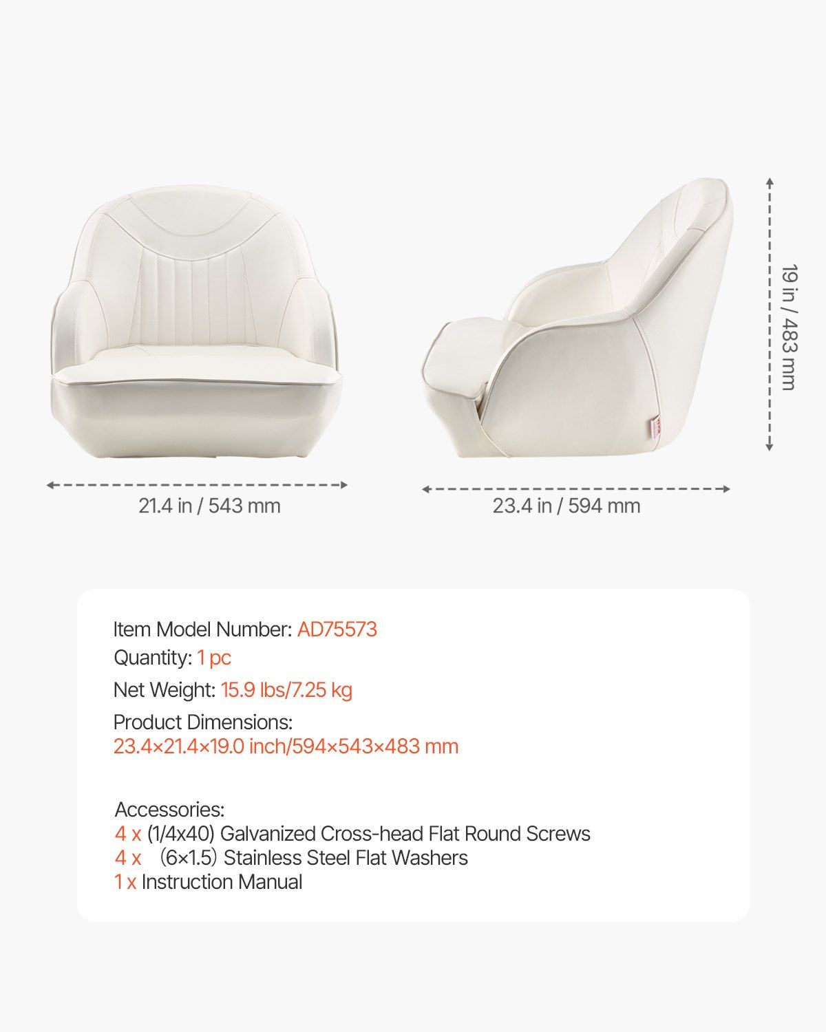 Boat Seat, Low Backrest, Boat Seat Captain Bucket Seat with Thickened Sponge Cushion & Waterproof PVC Leather, Ergonomic Design, Suitable for Fishing Boats, Yachts, Ships, White - Image 7