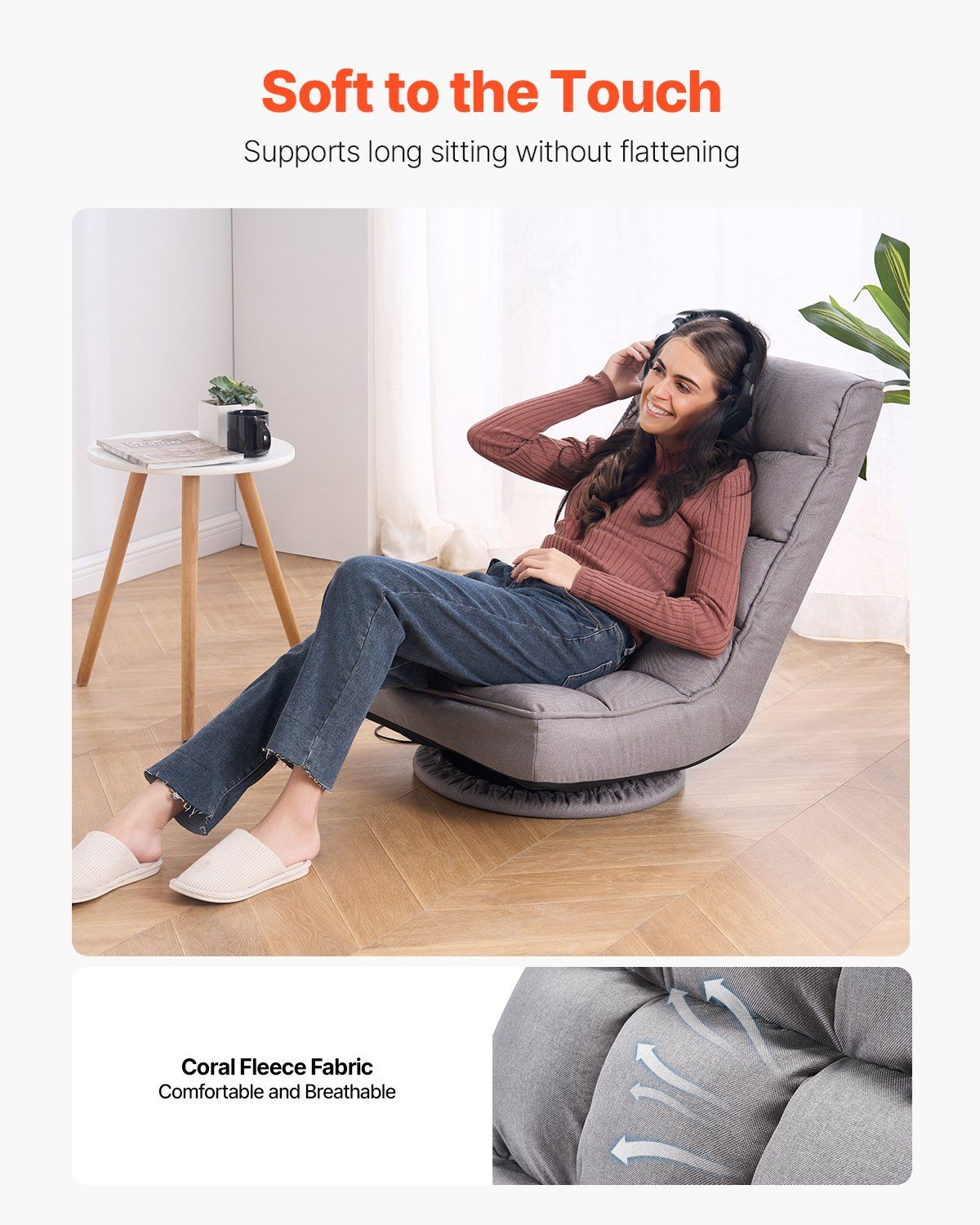 Swivel Floor Gaming Chair, 360-Degree Rotating Floor Chair with 4 Adjustable Position Folding Backrest and Lumbar Support, Folding Video Reclining Sofa for Watching TV Reading Playing Game, Gray - Image 3