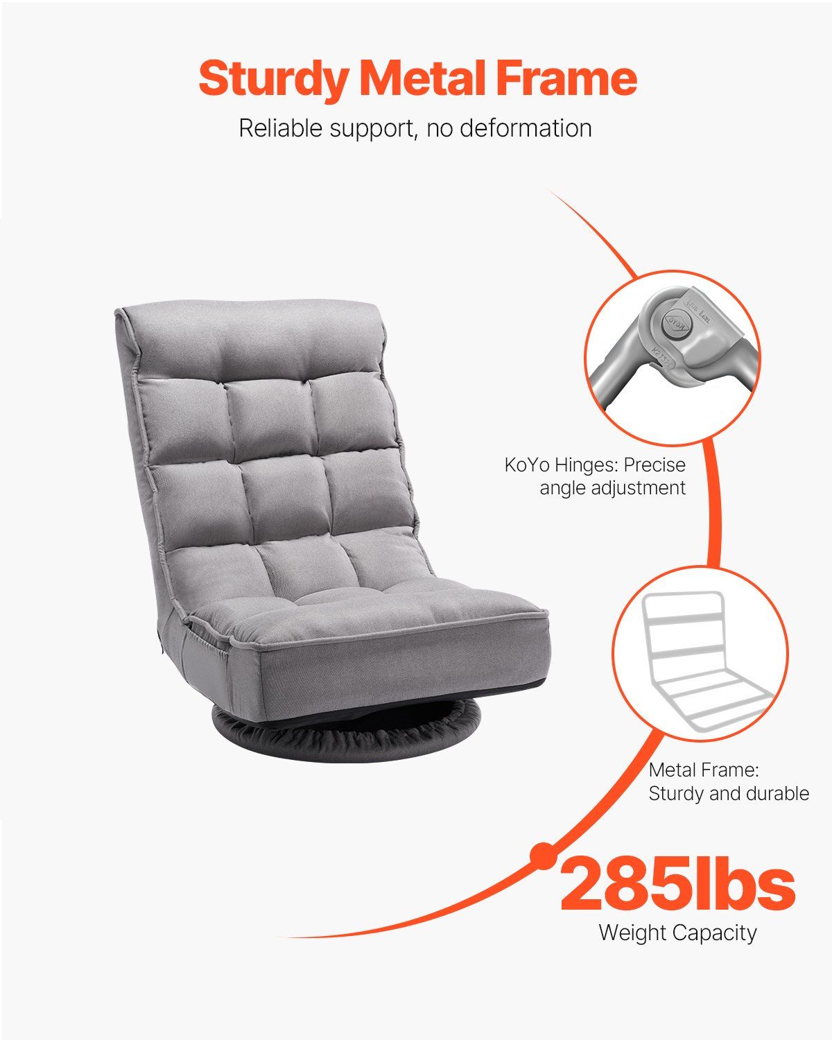 Swivel Floor Gaming Chair, 360-Degree Rotating Floor Chair with 4 Adjustable Position Folding Backrest and Lumbar Support, Folding Video Reclining Sofa for Watching TV Reading Playing Game, Gray - Image 4