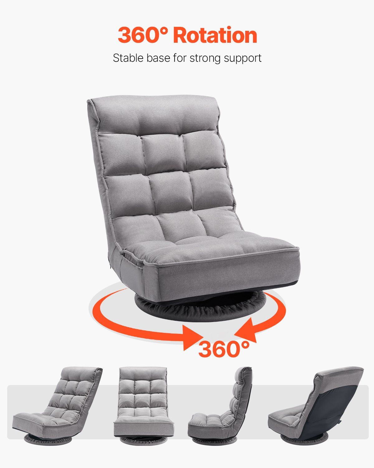Swivel Floor Gaming Chair, 360-Degree Rotating Floor Chair with 4 Adjustable Position Folding Backrest and Lumbar Support, Folding Video Reclining Sofa for Watching TV Reading Playing Game, Gray - Image 5