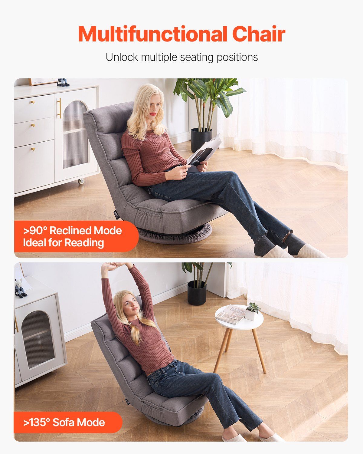 Swivel Floor Gaming Chair, 360-Degree Rotating Floor Chair with 4 Adjustable Position Folding Backrest and Lumbar Support, Folding Video Reclining Sofa for Watching TV Reading Playing Game, Gray - Image 6