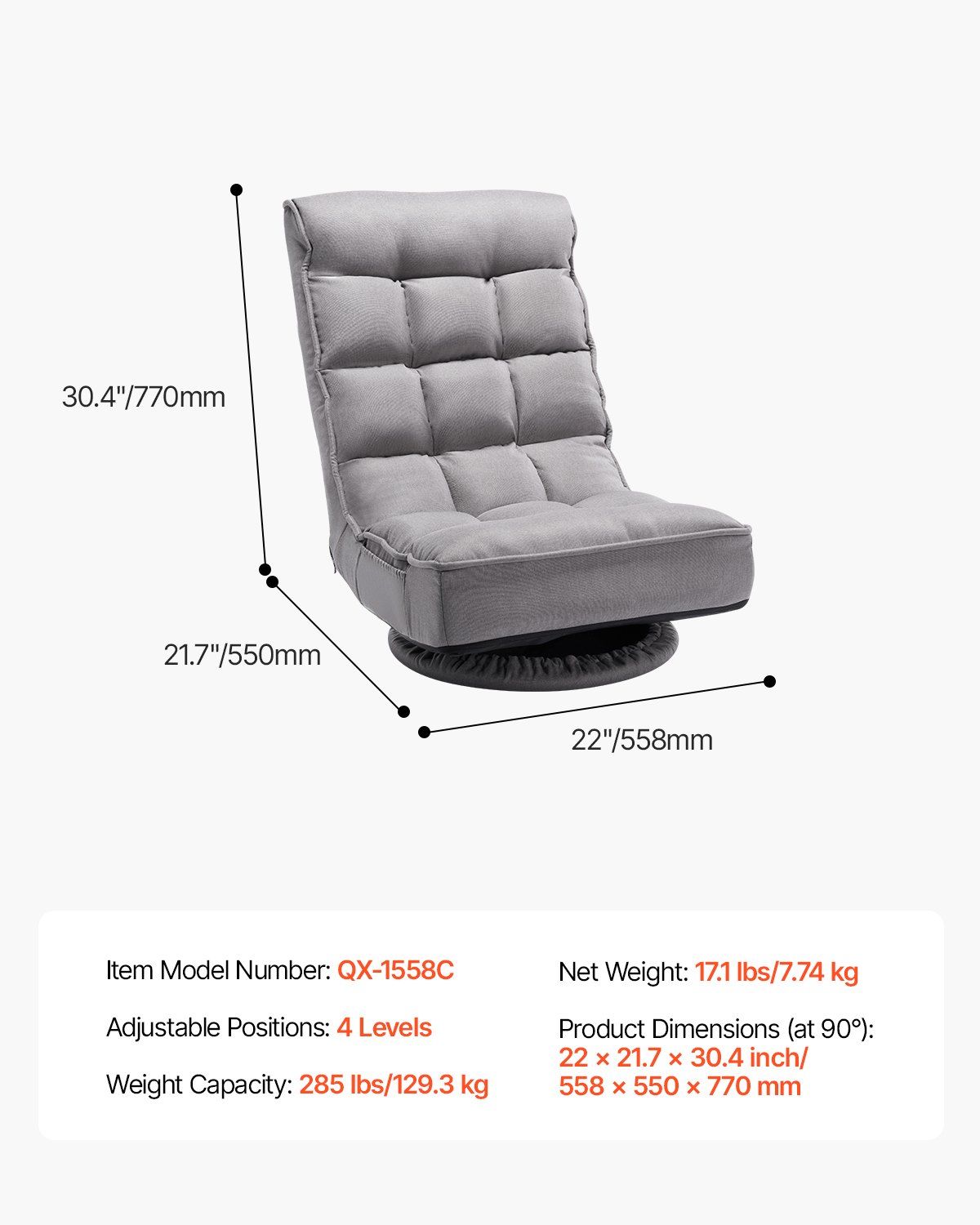 Swivel Floor Gaming Chair, 360-Degree Rotating Floor Chair with 4 Adjustable Position Folding Backrest and Lumbar Support, Folding Video Reclining Sofa for Watching TV Reading Playing Game, Gray - Image 7