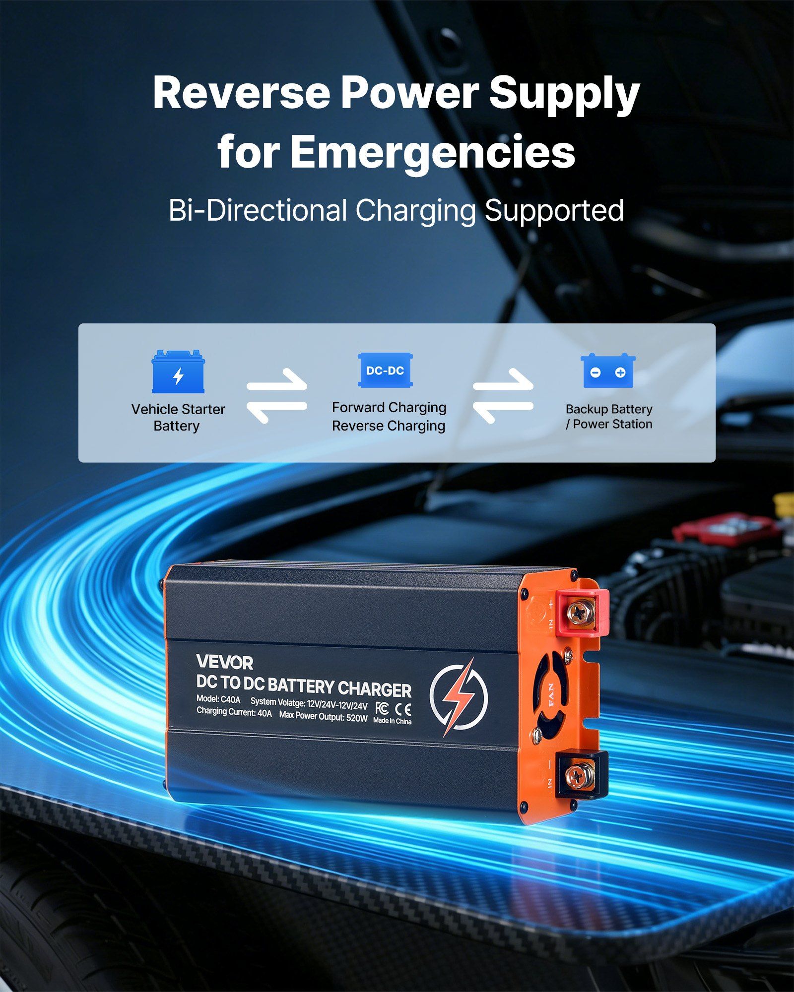 DC to DC Battery Charger, 520W, 40A Alternator Charger, Fast DC-DC Charging for Portable Power Stations, Compatible with LiFePO4 Lead-Acid AGM GEL Batteries, for RVs, Cars, Home Backup Power - Image 3