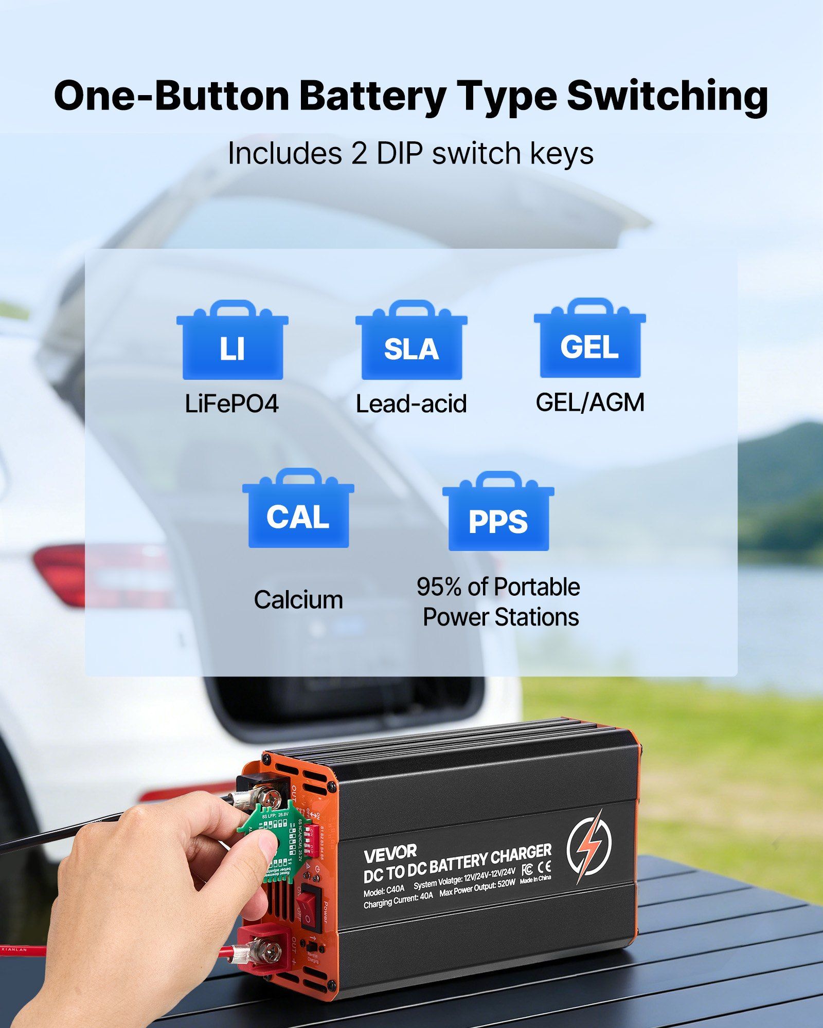 DC to DC Battery Charger, 520W, 40A Alternator Charger, Fast DC-DC Charging for Portable Power Stations, Compatible with LiFePO4 Lead-Acid AGM GEL Batteries, for RVs, Cars, Home Backup Power - Image 4