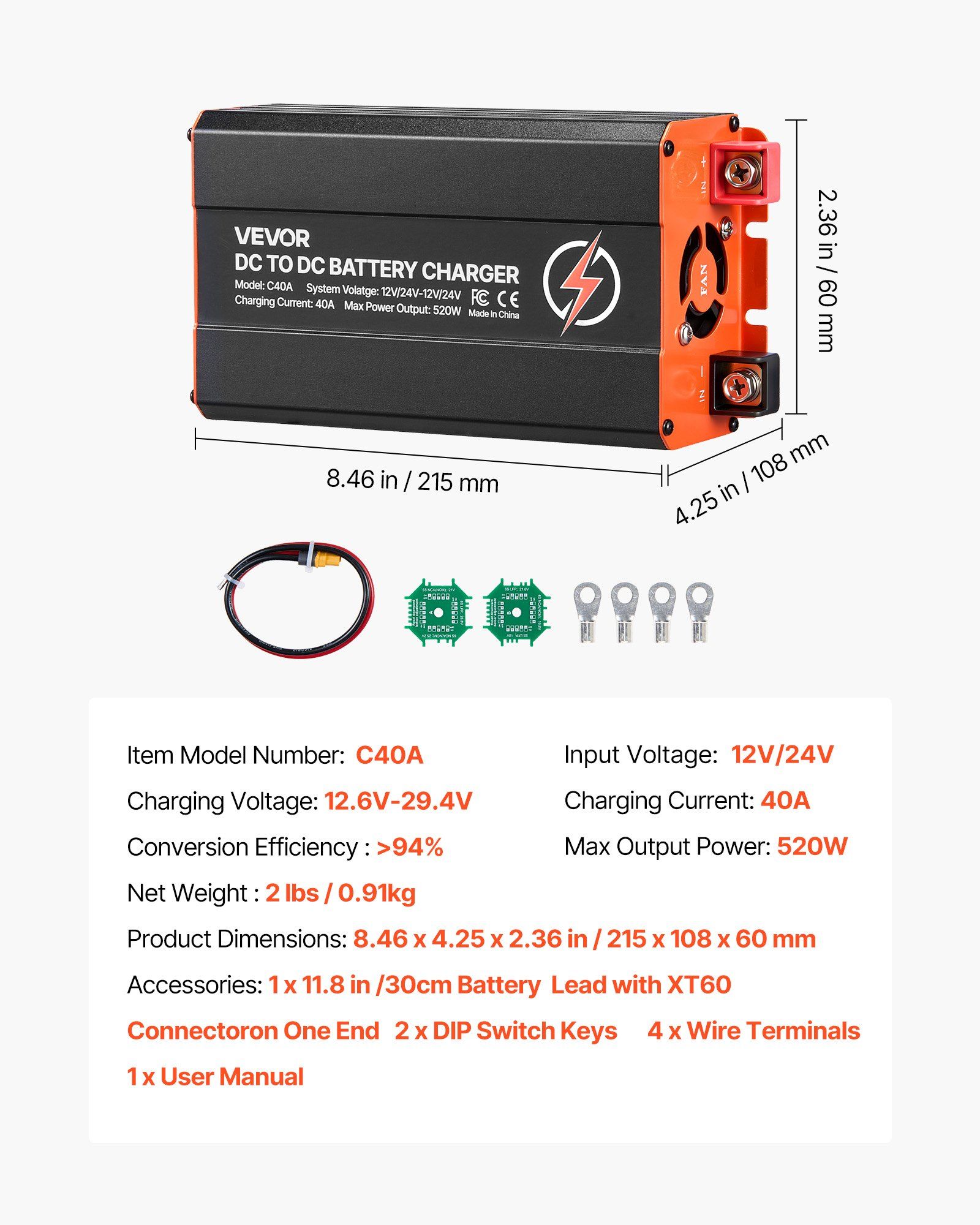 DC to DC Battery Charger, 520W, 40A Alternator Charger, Fast DC-DC Charging for Portable Power Stations, Compatible with LiFePO4 Lead-Acid AGM GEL Batteries, for RVs, Cars, Home Backup Power - Image 7