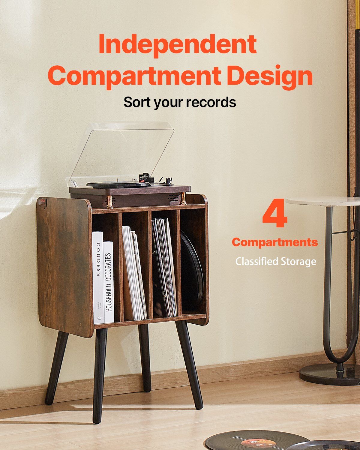 Record Player Stand, 2 Tiers Turntable Stand with 4 Cabinets, Holds up to 100 Albums, Wooden Vinyl Record Storage Cabinet with Display Shelf for Bedroom, Living Room, Brown - Image 3