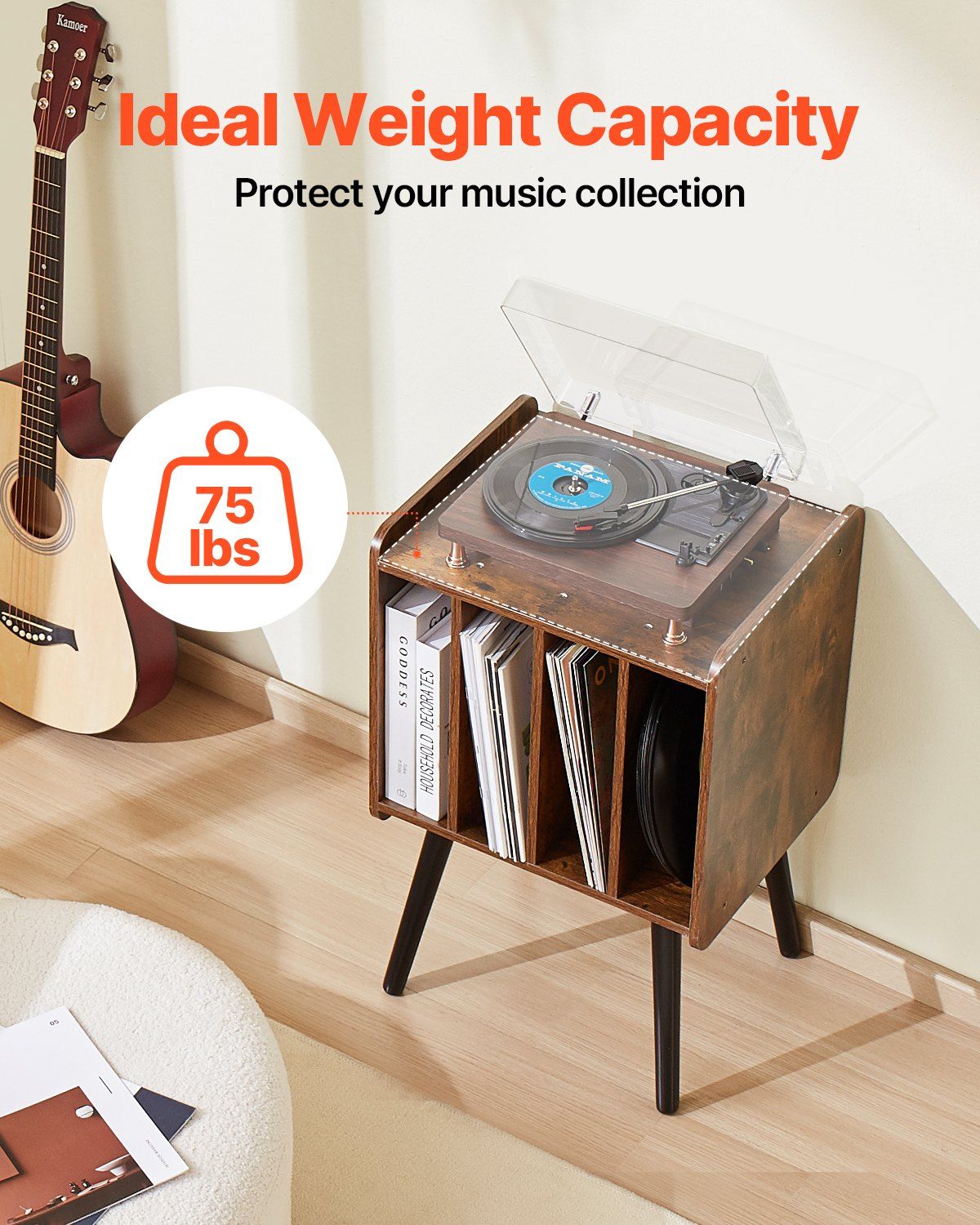Record Player Stand, 2 Tiers Turntable Stand with 4 Cabinets, Holds up to 100 Albums, Wooden Vinyl Record Storage Cabinet with Display Shelf for Bedroom, Living Room, Brown - Image 4