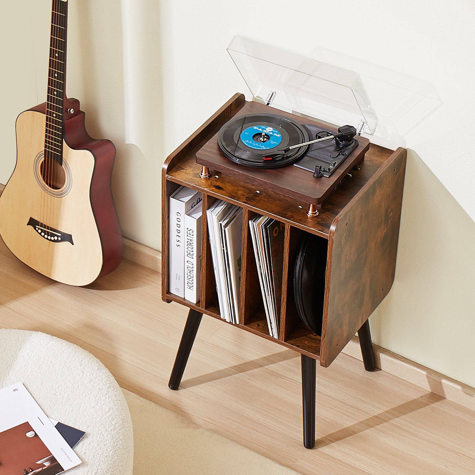 Record Player Stand, 2 Tiers Turntable Stand with 4 Cabinets, Holds up to 100 Albums, Wooden Vinyl Record Storage Cabinet with Display Shelf for Bedroom, Living Room, Brown - Image 8