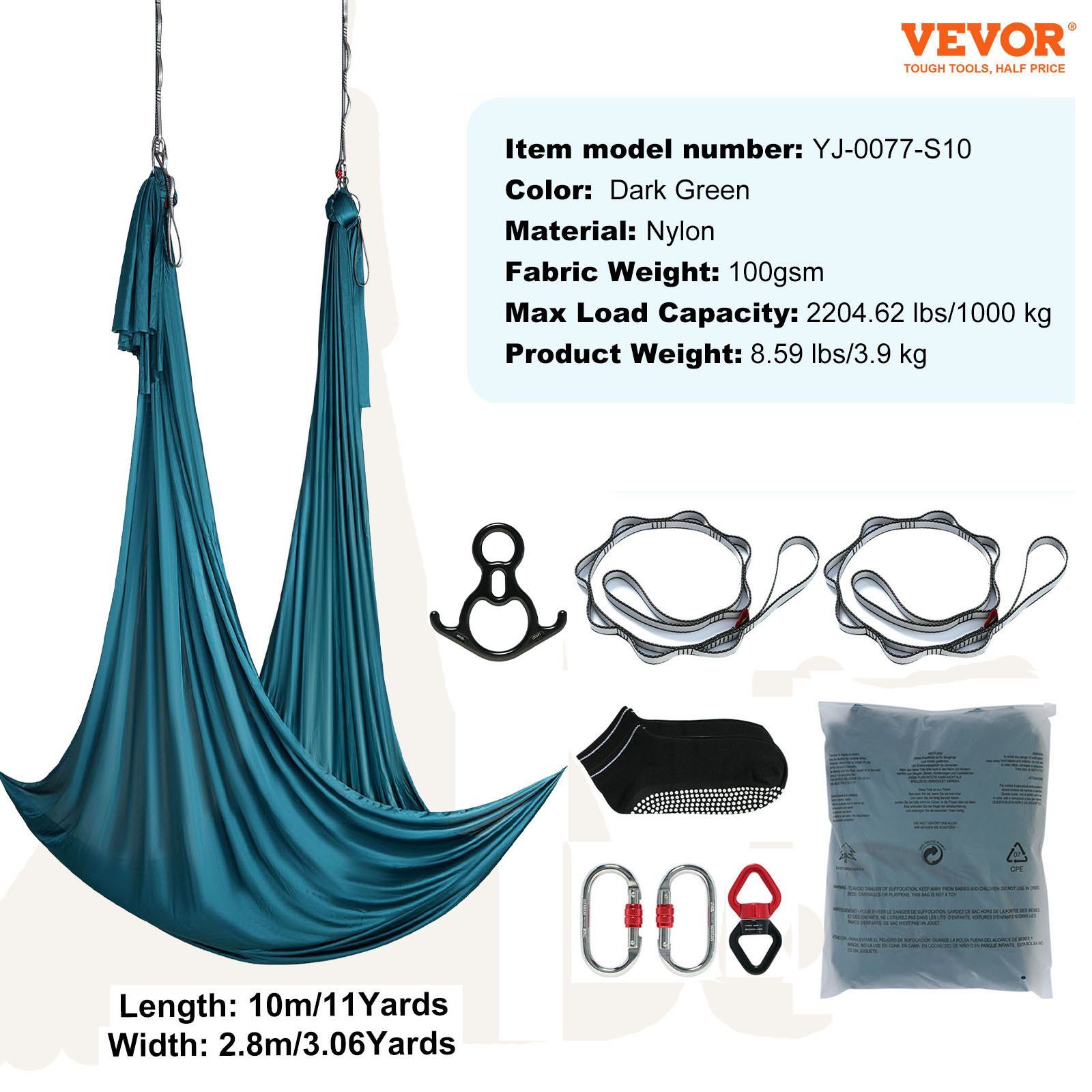 Aerial Silk & Yoga Swing, 10 m Length, Aerial Yoga Hammock Kit with 100gsm Nylon Fabric, Full Rigging Hardware & Easy Set-up Guide, Antigravity Flying for All Levels Fitness Bodybuilding, Green - Image 7