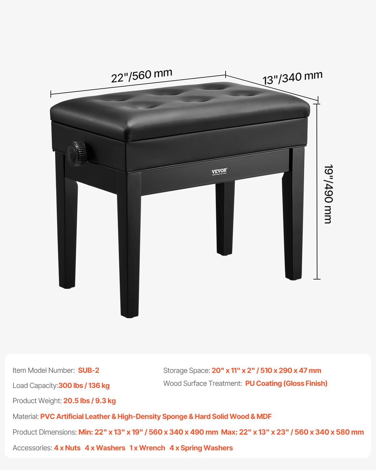 Piano Bench, Keyboard Piano Chair with 19.3