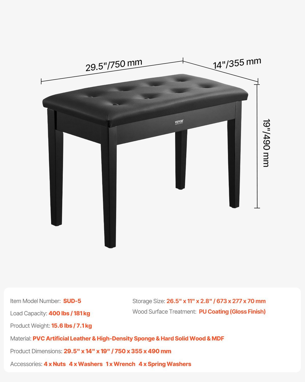 Piano Bench, 750 x 355 x 490 mm, Duet Keyboard Piano Chair with High-Density Padded Cushion, Storage Compartment for Music Books, Wooden Piano Bookcase Stool Seat, for Vanity and Living Room - Image 7