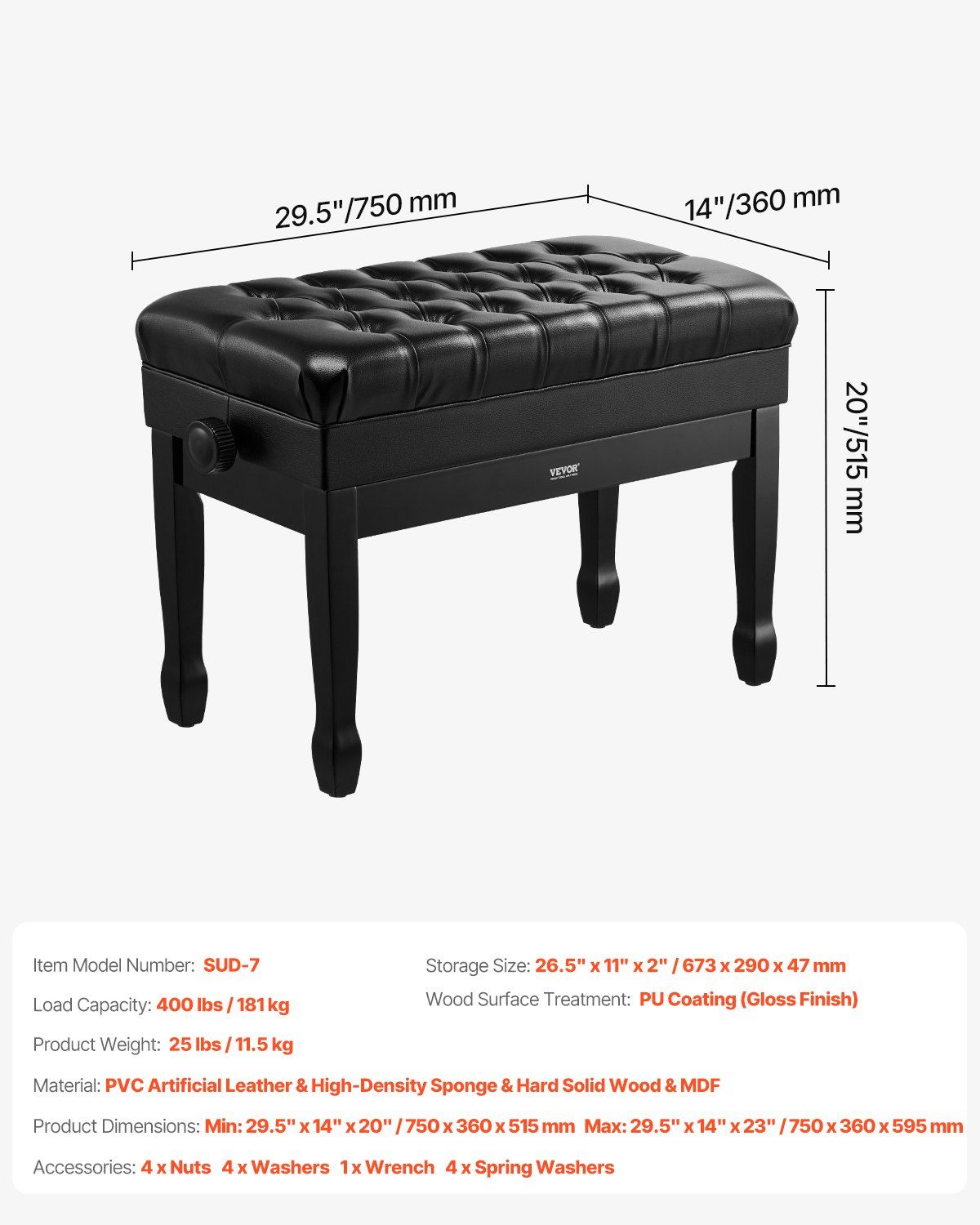 Piano Bench, Duet Keyboard Piano Chair with 20.3