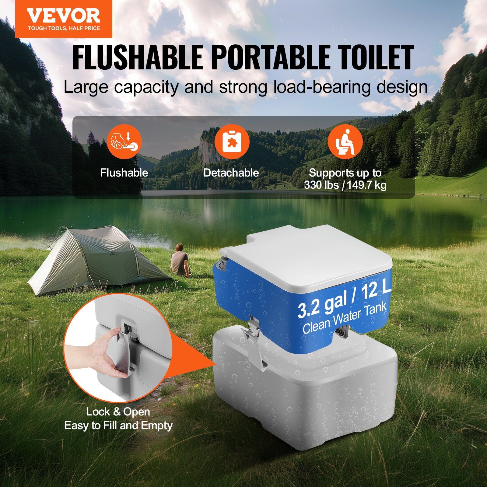 Portable Toilet for Camping, Porta Potty with Carry Bag, 5.3 Gal Waste Tank & 3.2 Gal Flush Tank, Push-Button Pressurized Flush Commode, Leak-proof and Odourless Travel Toilet for Camping Car - Image 2