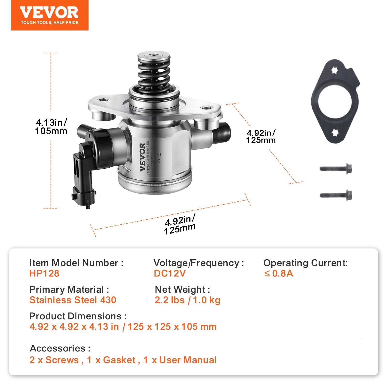 High Pressure Fuel Pump with Gasket and Bolts, Compatible with Buick LaCrosse, Regal, Verano, Chevrolet Captiva Sport, Equinox, Impala, Malibu, GMC Terrain 2010-2017 L4 2.4L, Stainless Steel - Image 7