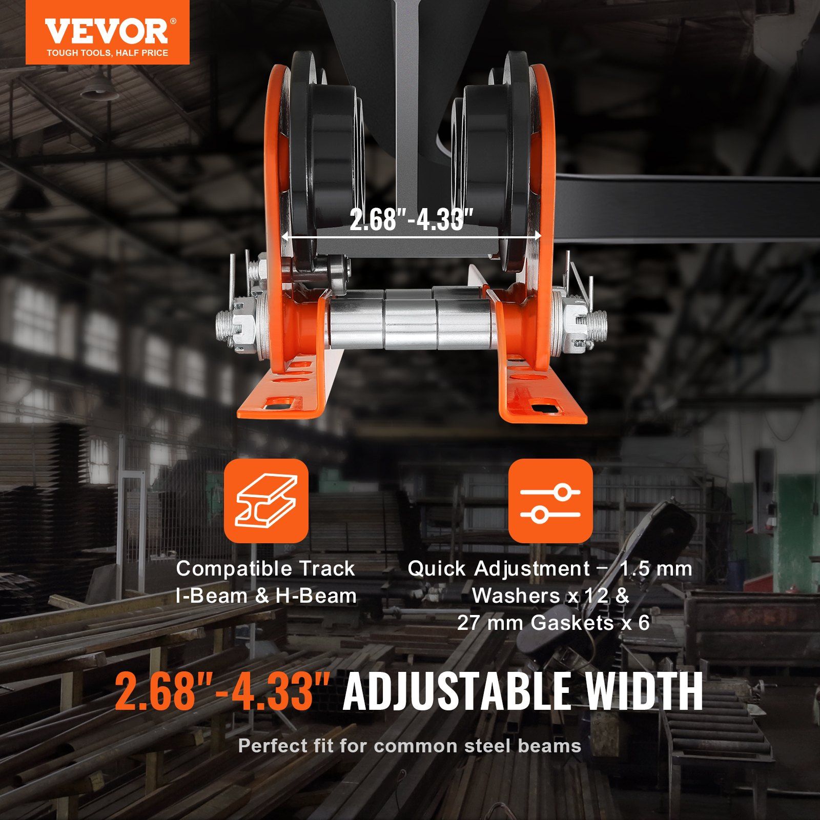 Electric Hoist Manual Trolley, 1 Ton Load Capacity for PA200 PA250 PA300 PA400 PA500, Push Beam Trolley with Dual Wheels, 68 mm-110 mm Adjustable Beam Flange Width for Straight Curved I Beam - Image 2
