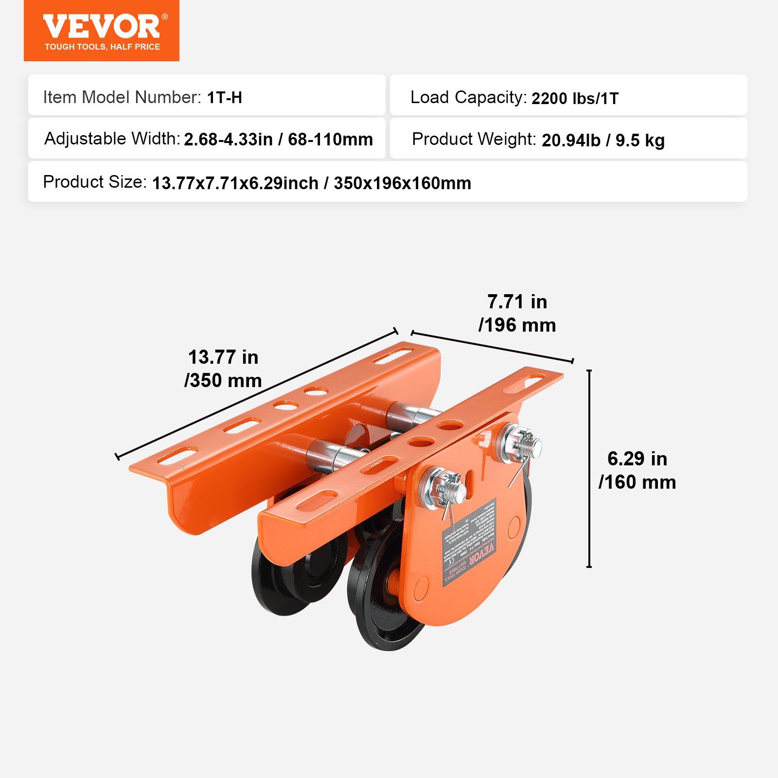 Electric Hoist Manual Trolley, 1 Ton Load Capacity for PA200 PA250 PA300 PA400 PA500, Push Beam Trolley with Dual Wheels, 68 mm-110 mm Adjustable Beam Flange Width for Straight Curved I Beam - Image 7