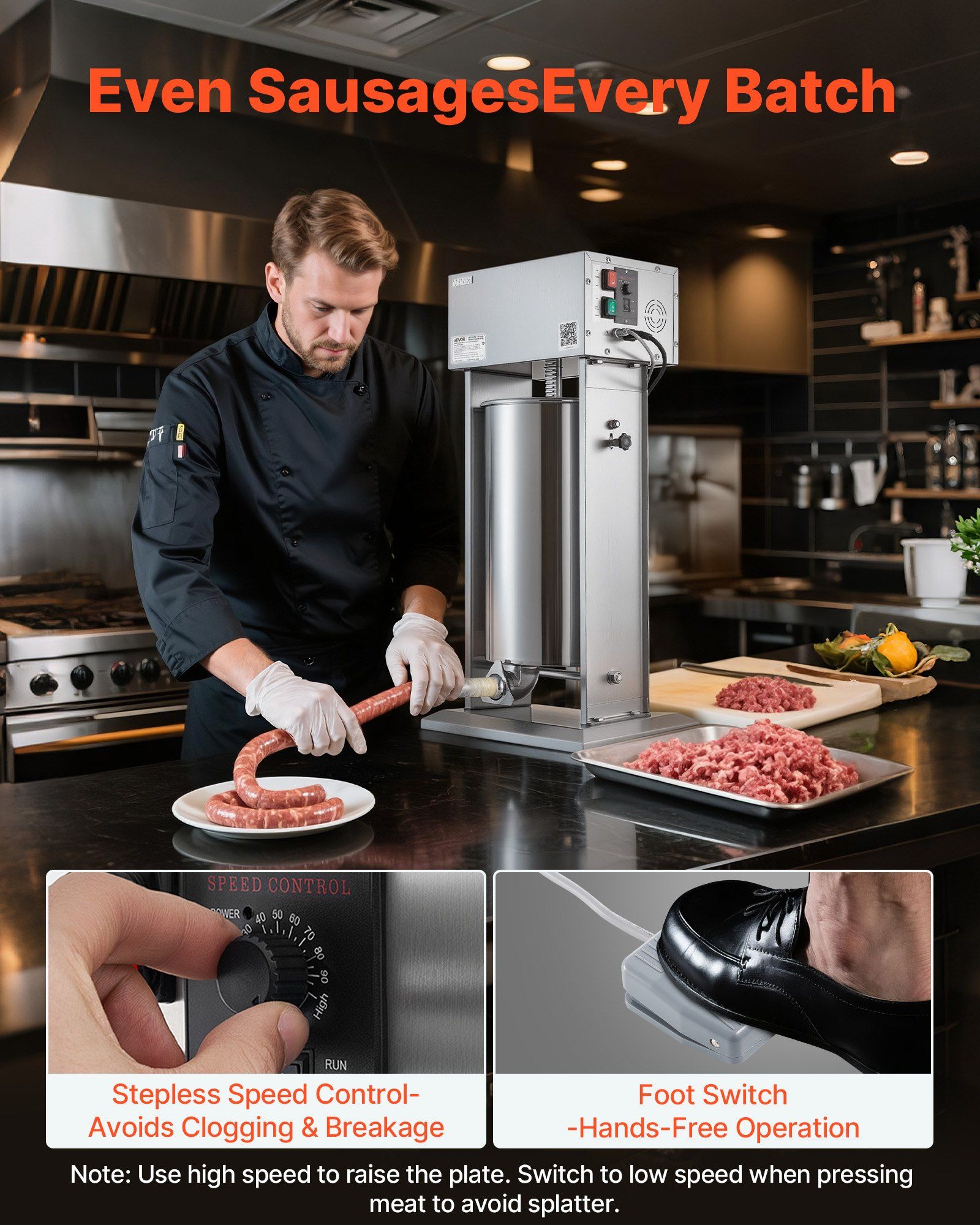 Electric Sausage Stuffer, 55 LBS / 25 L Vertical Meat Stuffer, Stepless Speed Control and Foot Pedal, Stainless Steel Heavy Duty Sausage Filler with 5 Stuffing Tubes, for Commercial & Home Use - Image 2