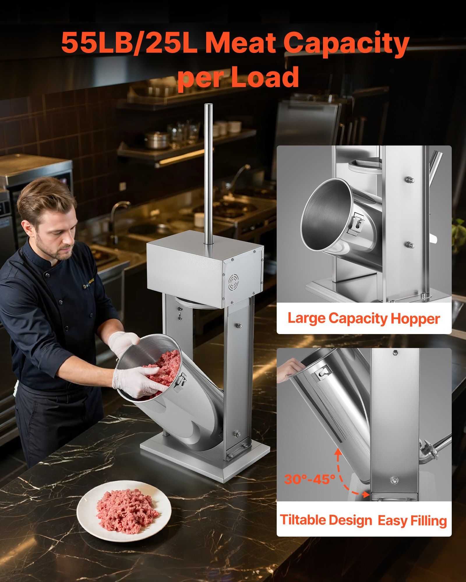 Electric Sausage Stuffer, 55 LBS / 25 L Vertical Meat Stuffer, Stepless Speed Control and Foot Pedal, Stainless Steel Heavy Duty Sausage Filler with 5 Stuffing Tubes, for Commercial & Home Use - Image 4