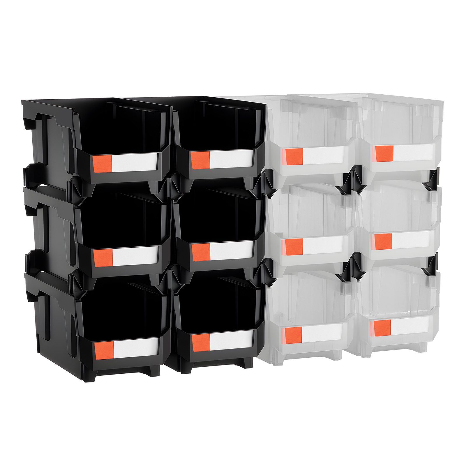 Plastic Stackable Storage Bins, 37.7 x 21.5 x 18 cm (12 Pack), Plastic Containers for Organizing & Storage Bins for Garage, Small Parts, Office Supplies, Other Accessories, Black & Transparent - Image 1