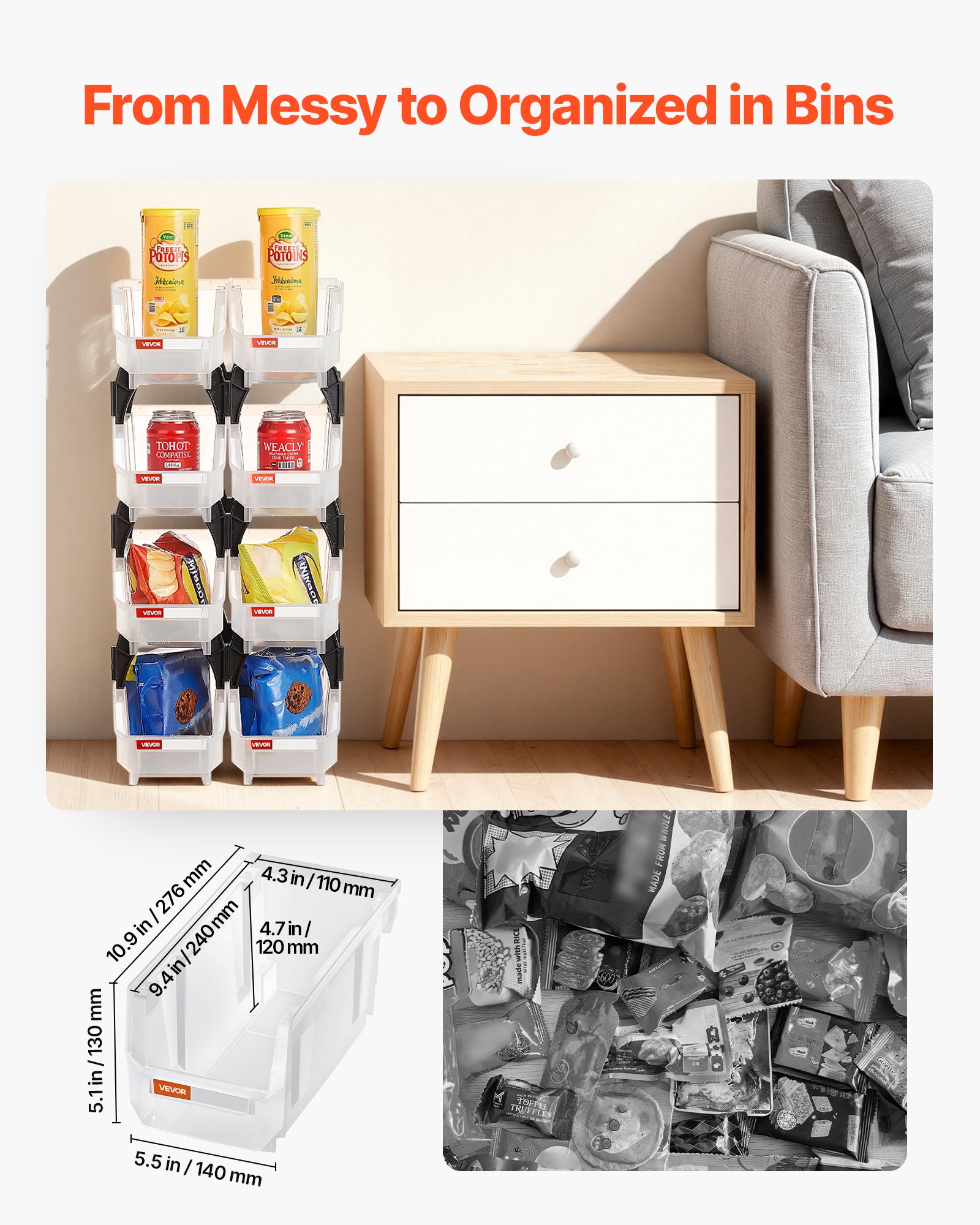 Plastic Stackable Storage Bins, 27.6 x 14 x 13 cm (8 Pack), Plastic Containers for Organizing & Storage Bins for Closet, Garage, Small Parts, Office Supplies, Other Accessories, Transparent - Image 2