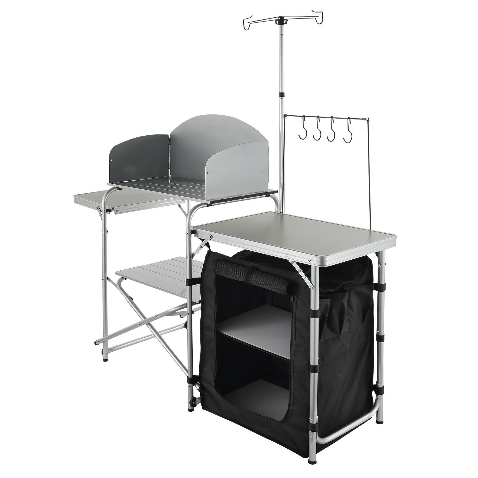 Camping Kitchen Table, Folding Outdoor Cooking Table with Storage Carrying Bag, Aluminum Cook Station 1 Cupboard & Detachable Windscreen, Quick Set-up for Picnics, BBQ, RV Traveling, Black - Image 1
