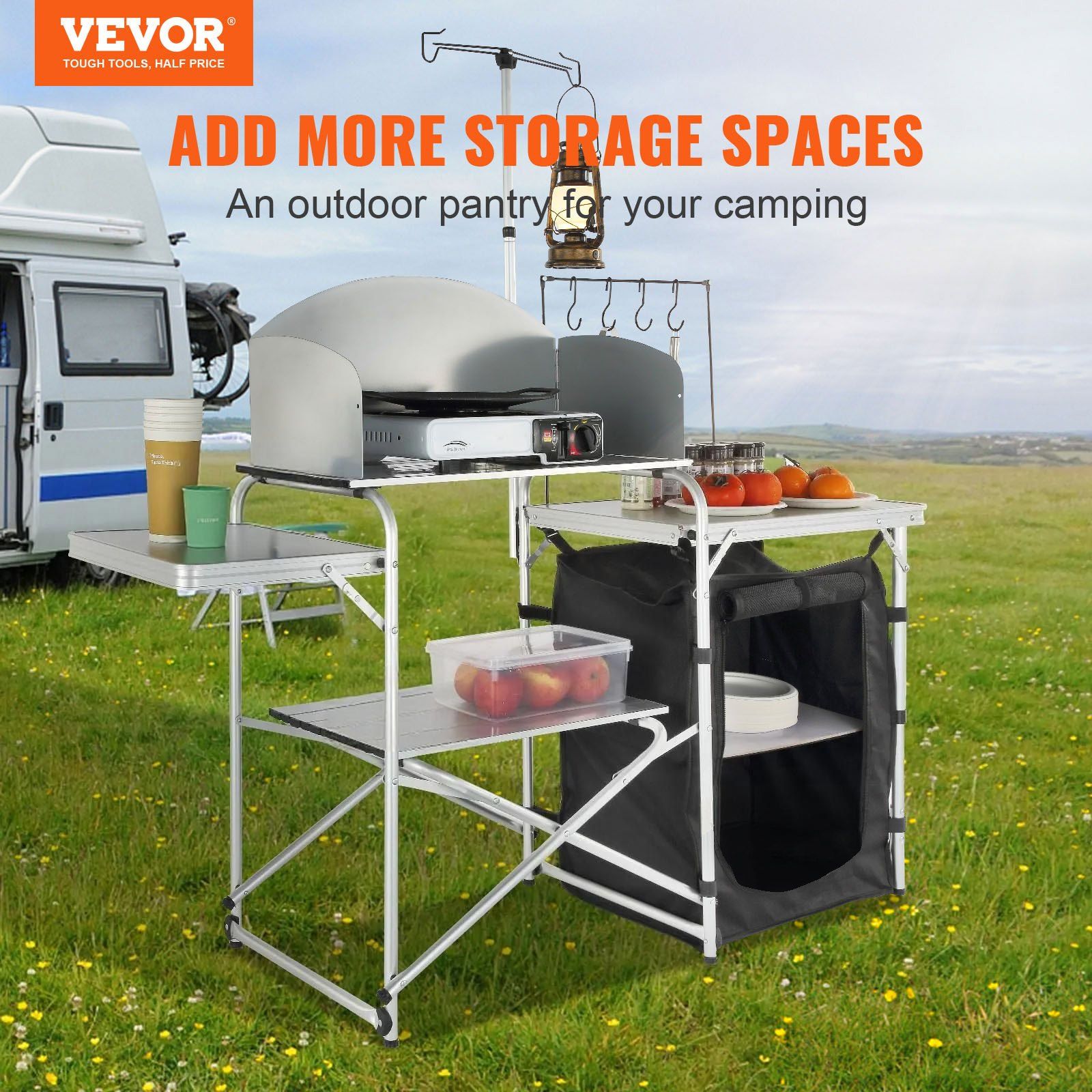Camping Kitchen Table, Folding Outdoor Cooking Table with Storage Carrying Bag, Aluminum Cook Station 1 Cupboard & Detachable Windscreen, Quick Set-up for Picnics, BBQ, RV Traveling, Black - Image 2