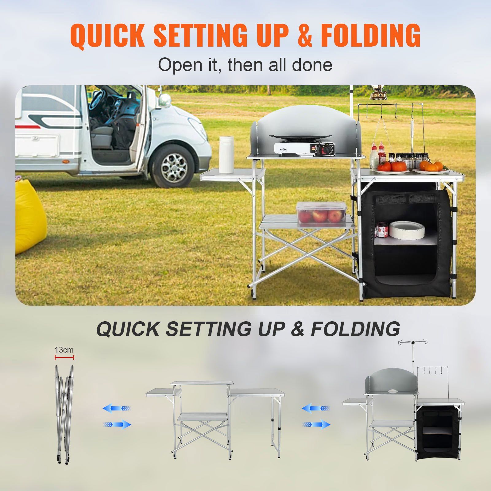 Camping Kitchen Table, Folding Outdoor Cooking Table with Storage Carrying Bag, Aluminum Cook Station 1 Cupboard & Detachable Windscreen, Quick Set-up for Picnics, BBQ, RV Traveling, Black - Image 3