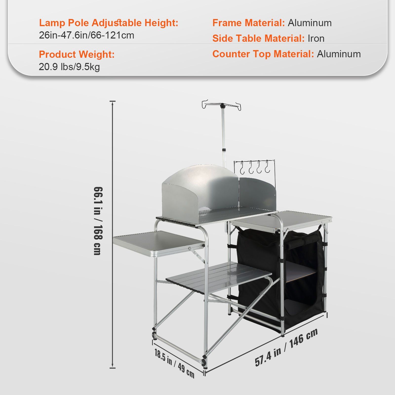 Camping Kitchen Table, Folding Outdoor Cooking Table with Storage Carrying Bag, Aluminum Cook Station 1 Cupboard & Detachable Windscreen, Quick Set-up for Picnics, BBQ, RV Traveling, Black - Image 7