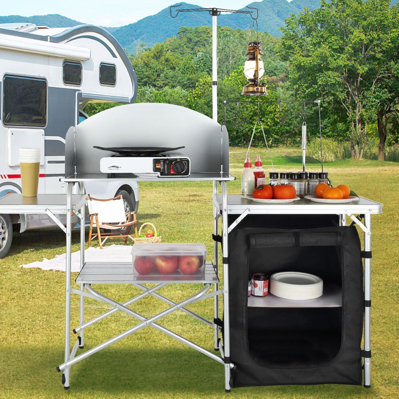 Camping Kitchen Table, Folding Outdoor Cooking Table with Storage Carrying Bag, Aluminum Cook Station 1 Cupboard & Detachable Windscreen, Quick Set-up for Picnics, BBQ, RV Traveling, Black - Image 8