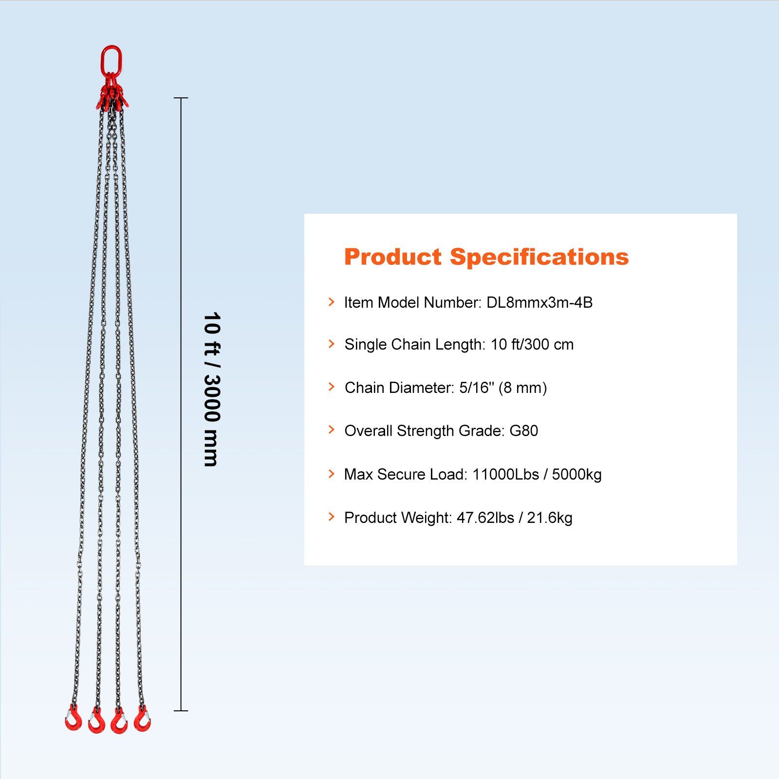 Chain Sling, 8 mm x 300 cm Lifting Chains with Hooks, G80 Engine Chain Hoist Lifts, 5 Ton Lifting Sling Chains for Engine Hoist, Engine Lift Chain with 4 Leg Grab Hooks & Adjusters Heavy Duty - Image 7