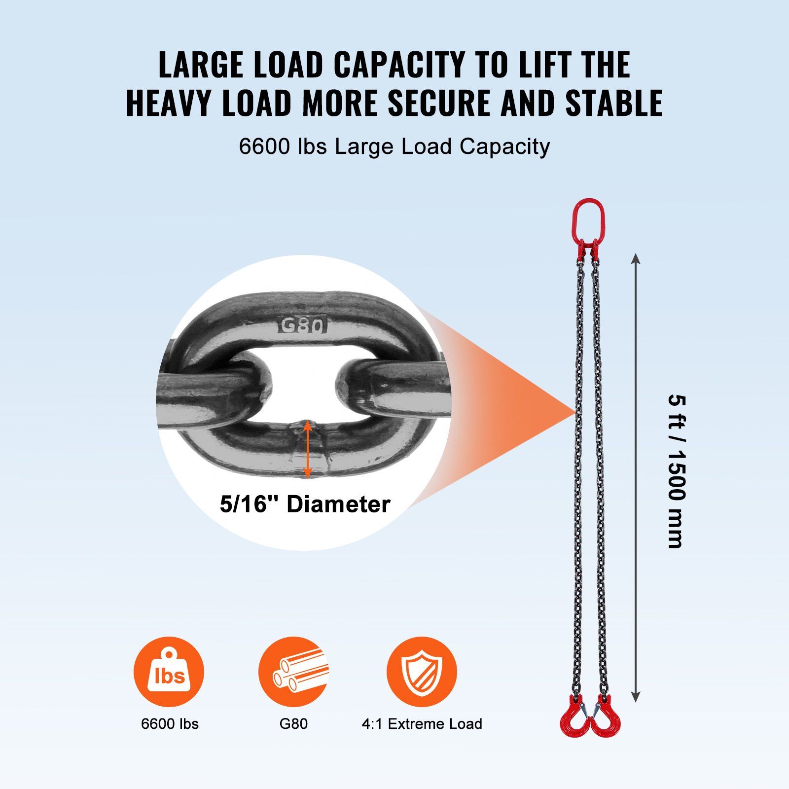 Chain Sling, 8 mm x 150 cm Lifting Chains with Hooks, G80 Engine Chain Hoist Lifts, 3 Ton Capacity Lifting Sling Chains for Engine Hoist, Engine Lift Chain with 2 Leg Grab Hooks, Heavy Duty - Image 3