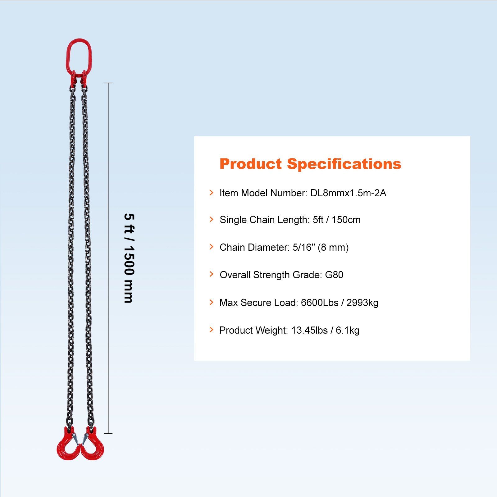 Chain Sling, 8 mm x 150 cm Lifting Chains with Hooks, G80 Engine Chain Hoist Lifts, 3 Ton Capacity Lifting Sling Chains for Engine Hoist, Engine Lift Chain with 2 Leg Grab Hooks, Heavy Duty - Image 7