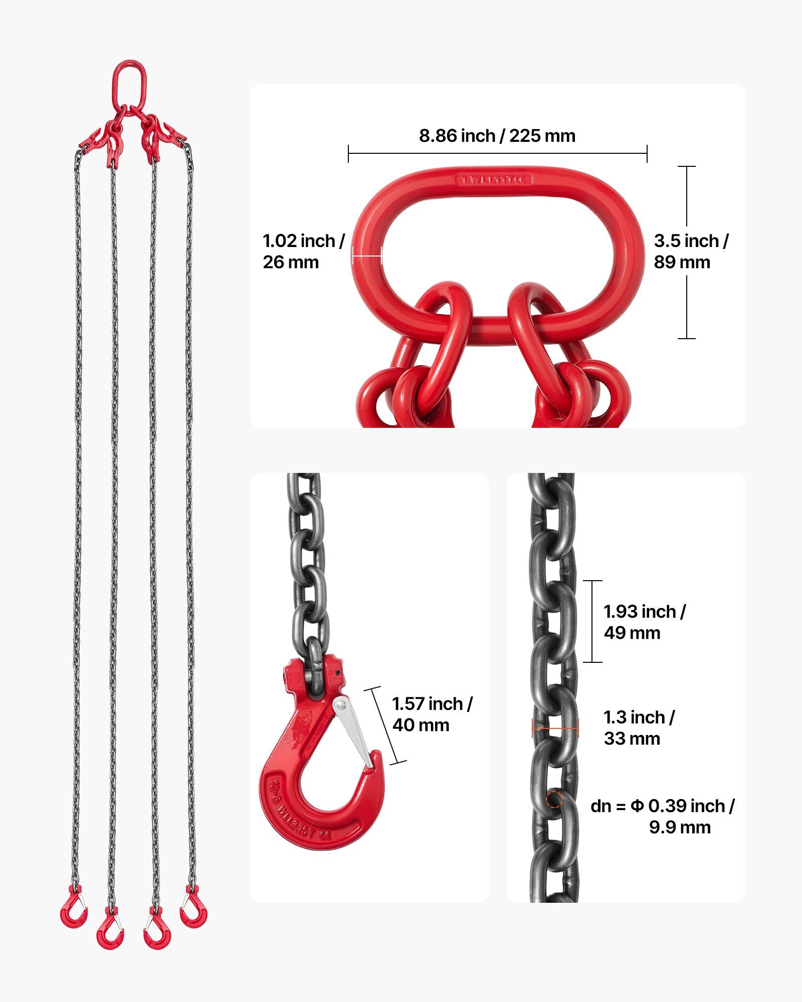 Chain Sling, 10mm x 3 m Lifting Chains with 4 Leg Grab Hooks, Heavy Duty G80 Alloy Steel Lifting Sling, 10.4 Ton Capacity, Adjustable Engine Chain Hoist Lifts for Cargo Security Towing - Image 2