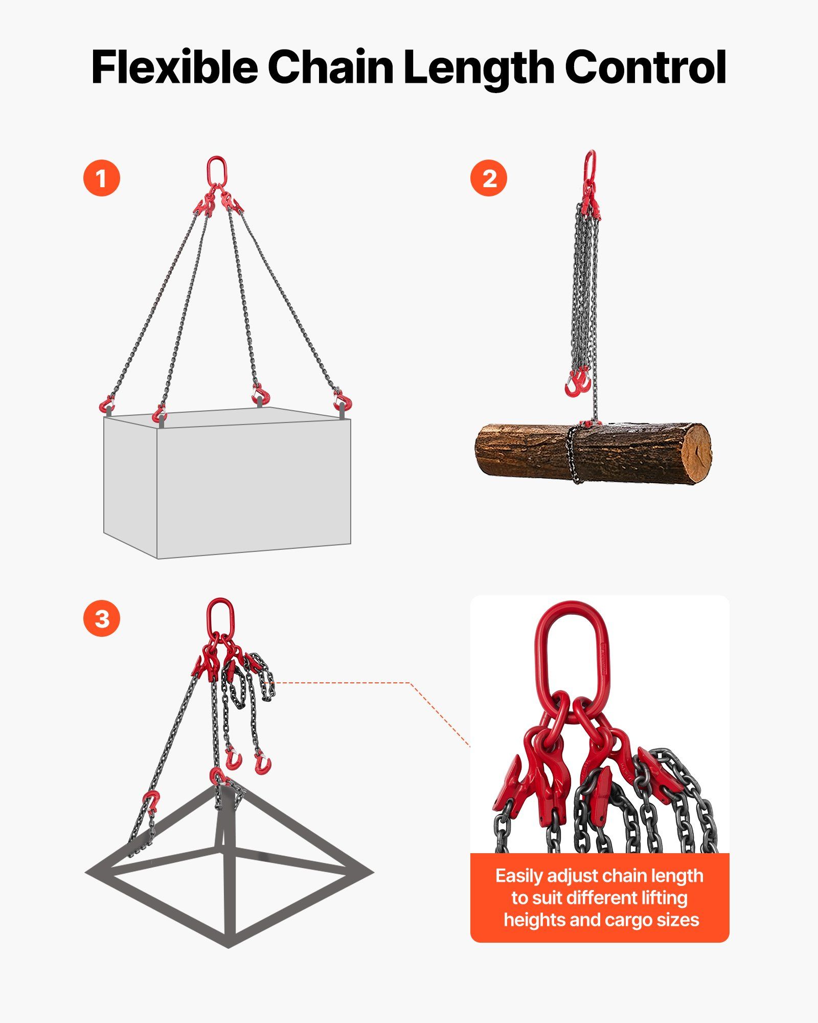 Chain Sling, 10mm x 3 m Lifting Chains with 4 Leg Grab Hooks, Heavy Duty G80 Alloy Steel Lifting Sling, 10.4 Ton Capacity, Adjustable Engine Chain Hoist Lifts for Cargo Security Towing - Image 6