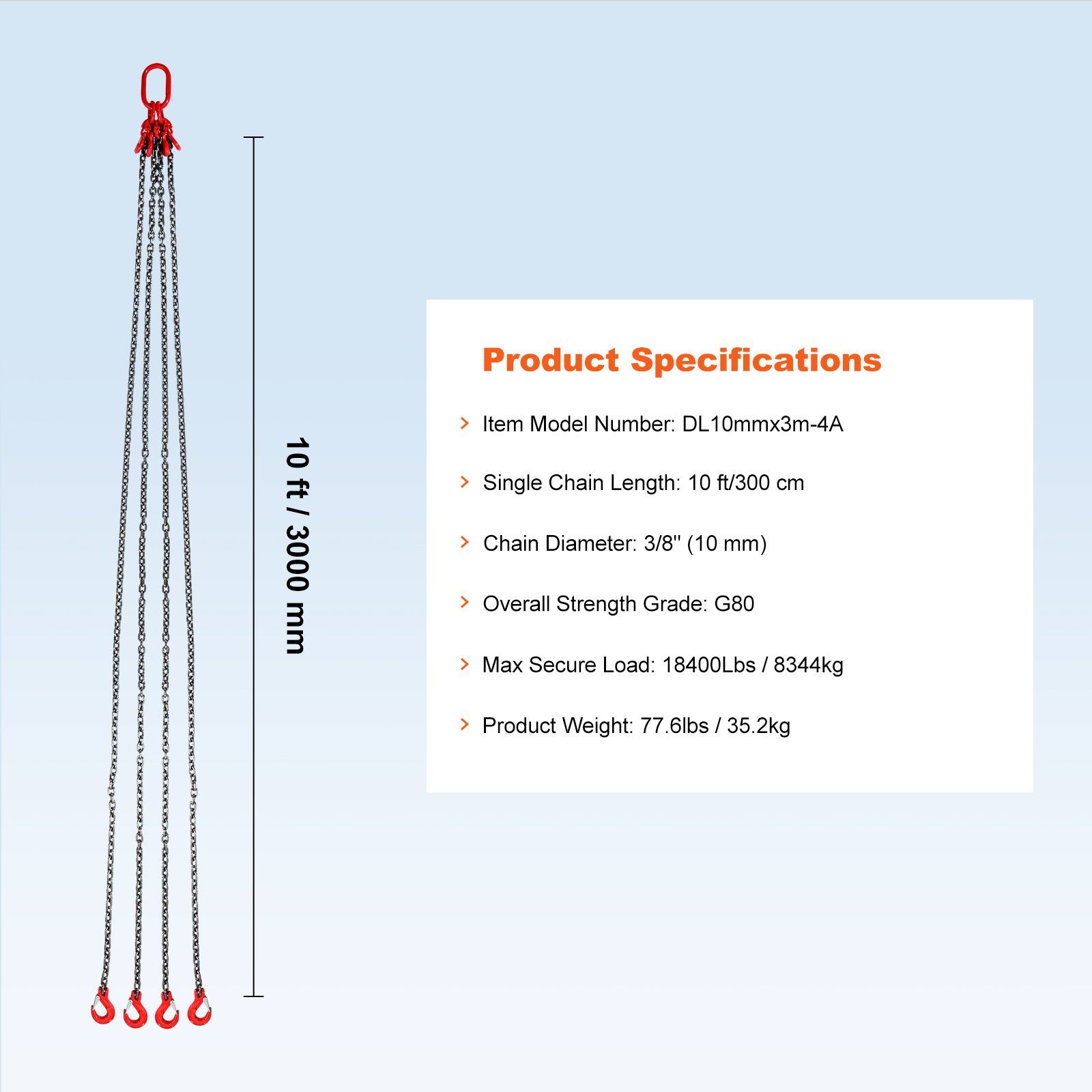 Chain Sling, 10 mm x 300 cm Lifting Chains with Hooks, G80 Engine Chain Hoist Lifts, 8 Ton/8344 kg Lifting Sling Chains for Engine Hoist, Engine Lift Chain with 4 Leg Grab Hooks & Adjusters - Image 7