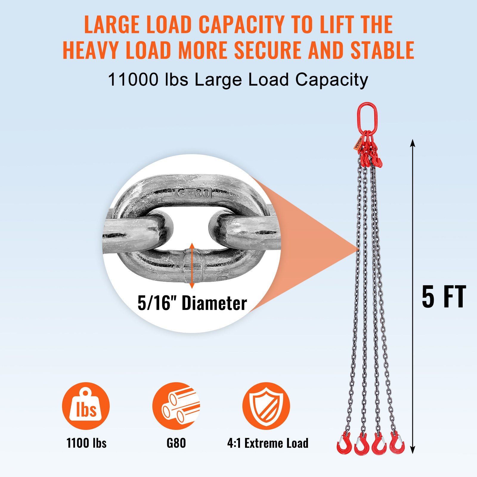 Chain Sling, 8 mm x 150 cm Lifting Chains with Hooks, G80 Engine Chain Hoist Lifts, 5 Ton Lifting Sling Chains for Engine Hoist, Engine Lift Chain with 4 Leg Grab Hooks & Adjusters Heavy Duty - Image 3