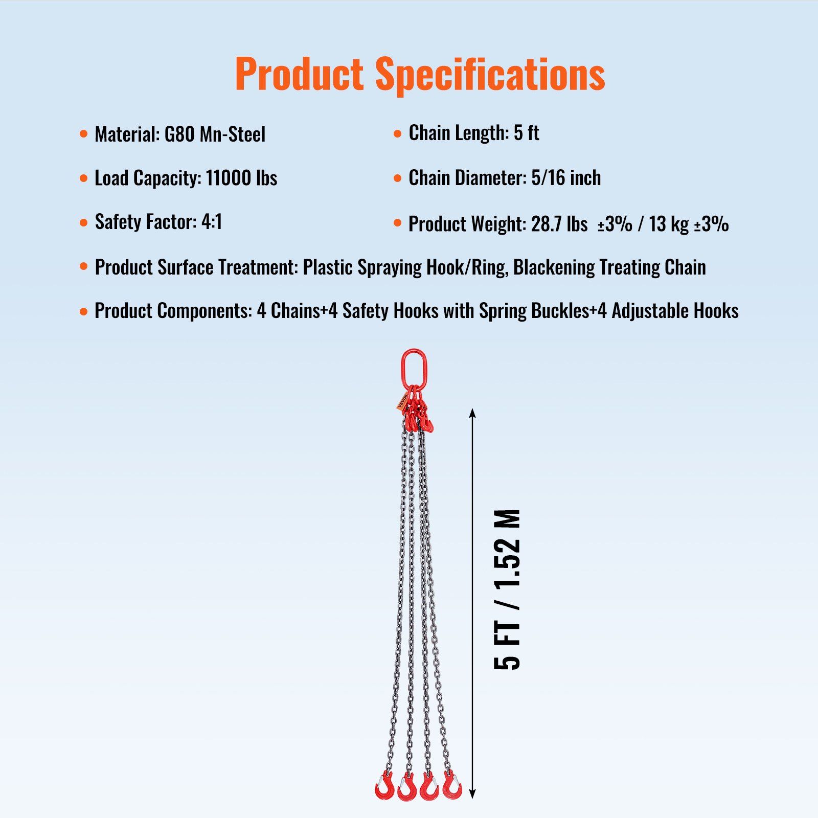 Chain Sling, 8 mm x 150 cm Lifting Chains with Hooks, G80 Engine Chain Hoist Lifts, 5 Ton Lifting Sling Chains for Engine Hoist, Engine Lift Chain with 4 Leg Grab Hooks & Adjusters Heavy Duty - Image 7