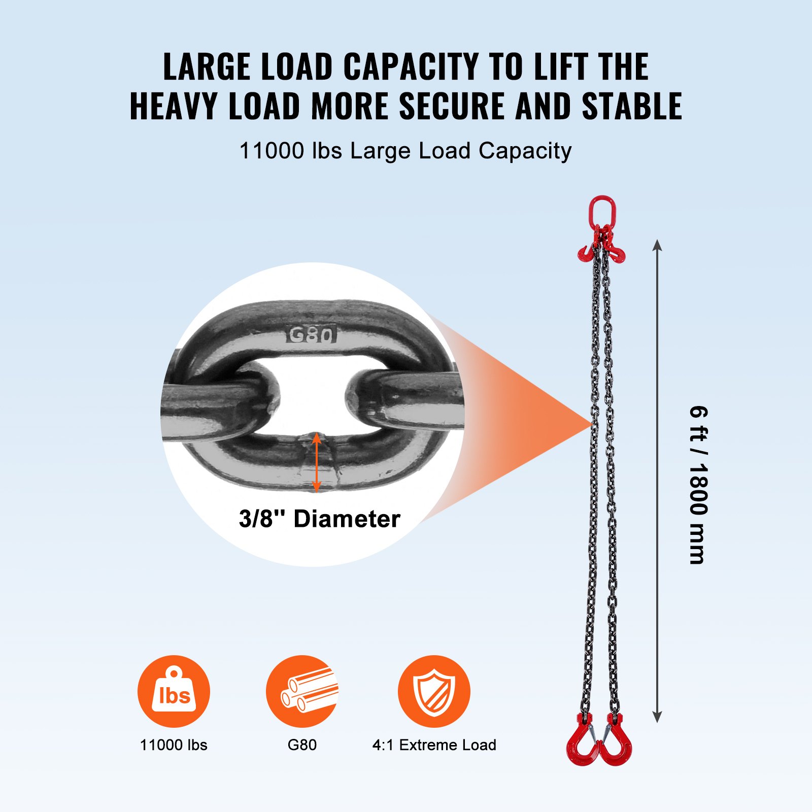 Chain Sling, 10 mm x 180 cm Lifting Chains with Hooks, G80 Engine Chain Hoist Lifts, 5 Ton Lifting Sling Chains for Engine Hoist, Engine Lift Chain with 2 Leg Grab Hooks and Adjusters Heavy Duty - Image 3
