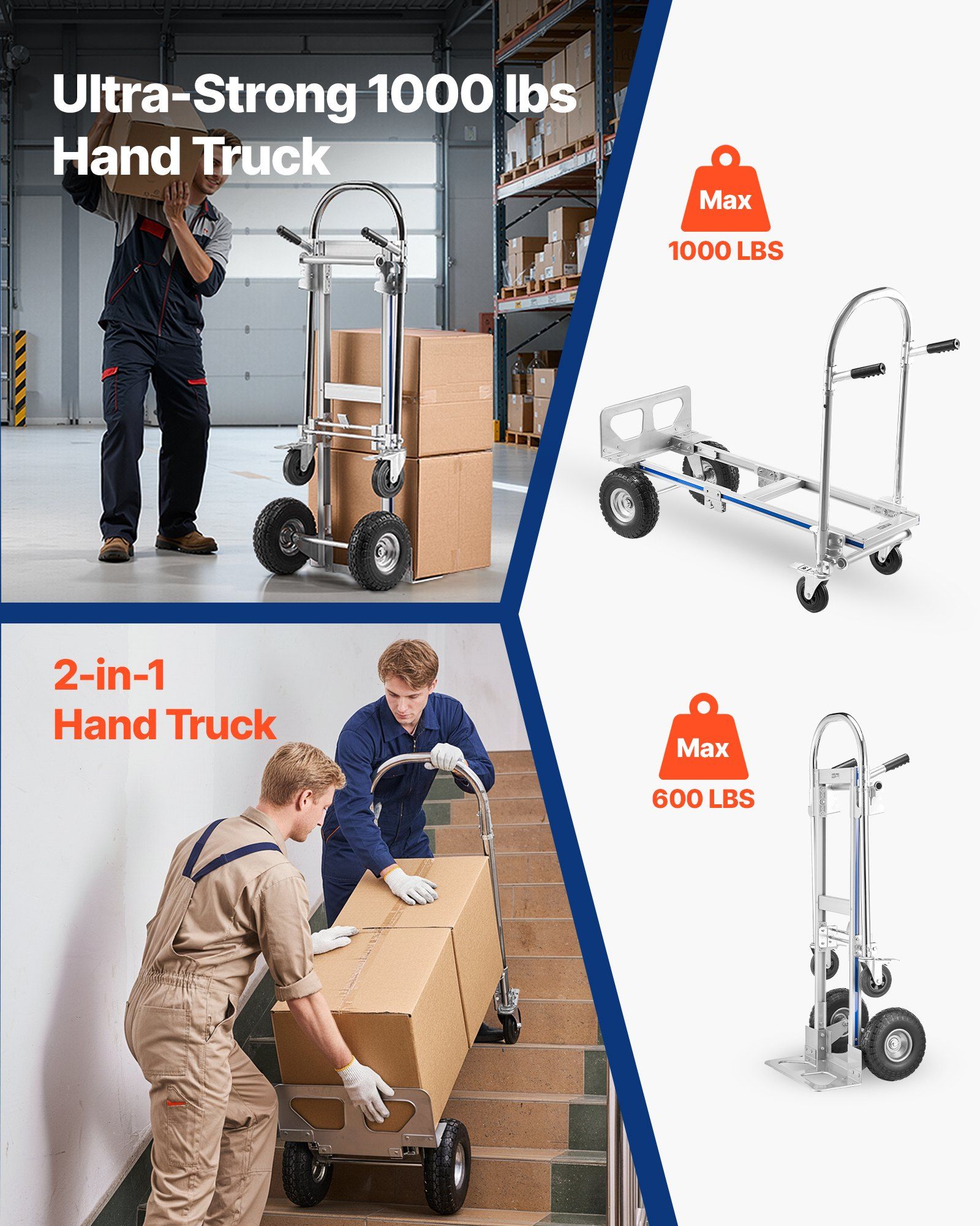 2 in 1 Hand Truck, 453.6 kg Load Capacity for 4-Wheel Mode, Convertible Hand Truck Dolly with Non-Slip Handle & Wheels, Portable Trolley Dolly for Moving Home, Office, Warehouse, Supermarket - Image 2