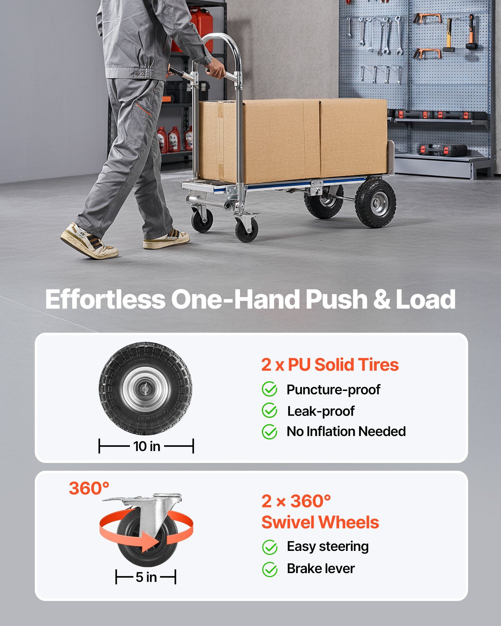 2 in 1 Hand Truck, 453.6 kg Load Capacity for 4-Wheel Mode, Convertible Hand Truck Dolly with Non-Slip Handle & Wheels, Portable Trolley Dolly for Moving Home, Office, Warehouse, Supermarket - Image 3