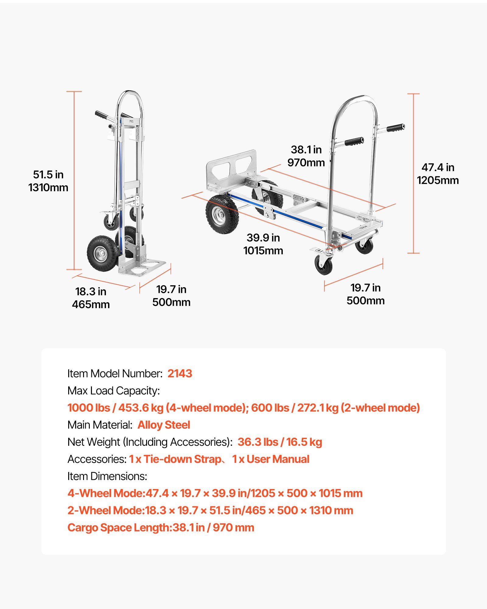 2 in 1 Hand Truck, 453.6 kg Load Capacity for 4-Wheel Mode, Convertible Hand Truck Dolly with Non-Slip Handle & Wheels, Portable Trolley Dolly for Moving Home, Office, Warehouse, Supermarket - Image 7