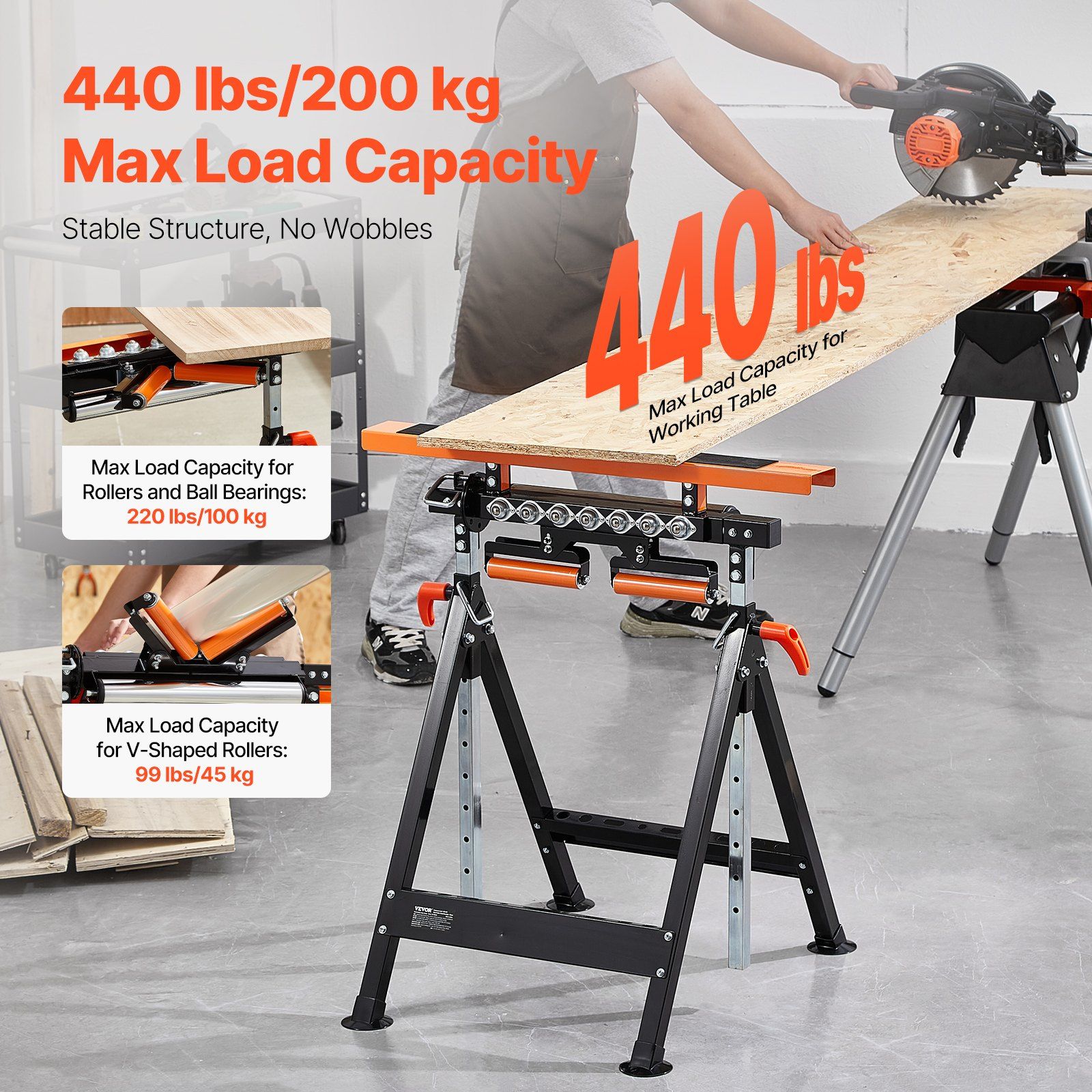 4-in-1 Roller Stand, 220 kg Load Capacity, 838.2-1270 mm Adjustable Height, Folding Heavy Duty with Rack & Multi-directional Roller Head, for Table Saw Outfeed Woodworking Extension Support - Image 2