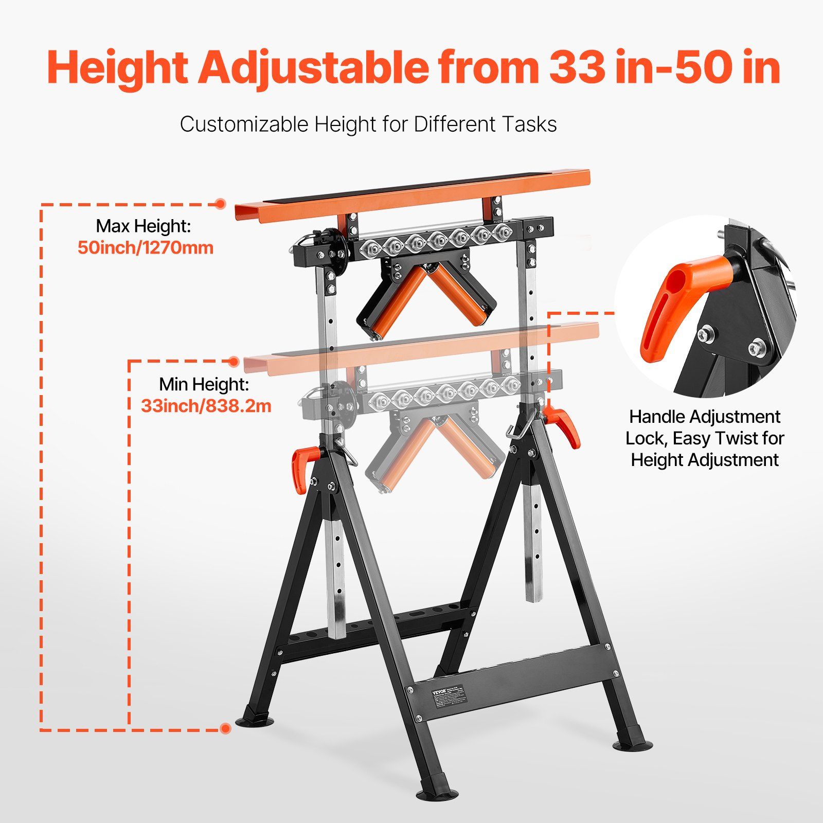 4-in-1 Roller Stand, 220 kg Load Capacity, 838.2-1270 mm Adjustable Height, Folding Heavy Duty with Rack & Multi-directional Roller Head, for Table Saw Outfeed Woodworking Extension Support - Image 3