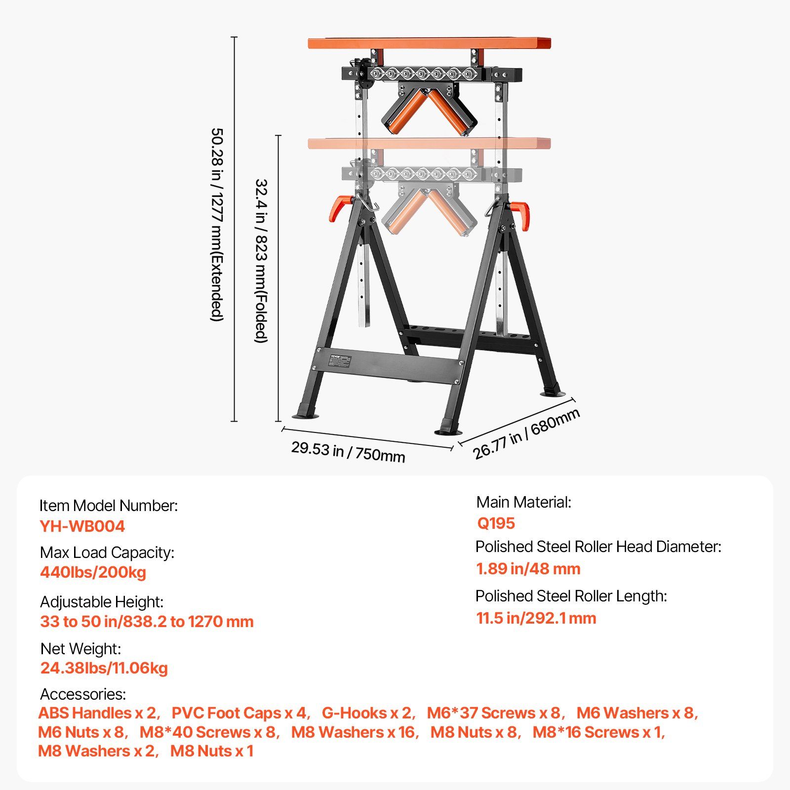 4-in-1 Roller Stand, 220 kg Load Capacity, 838.2-1270 mm Adjustable Height, Folding Heavy Duty with Rack & Multi-directional Roller Head, for Table Saw Outfeed Woodworking Extension Support - Image 7