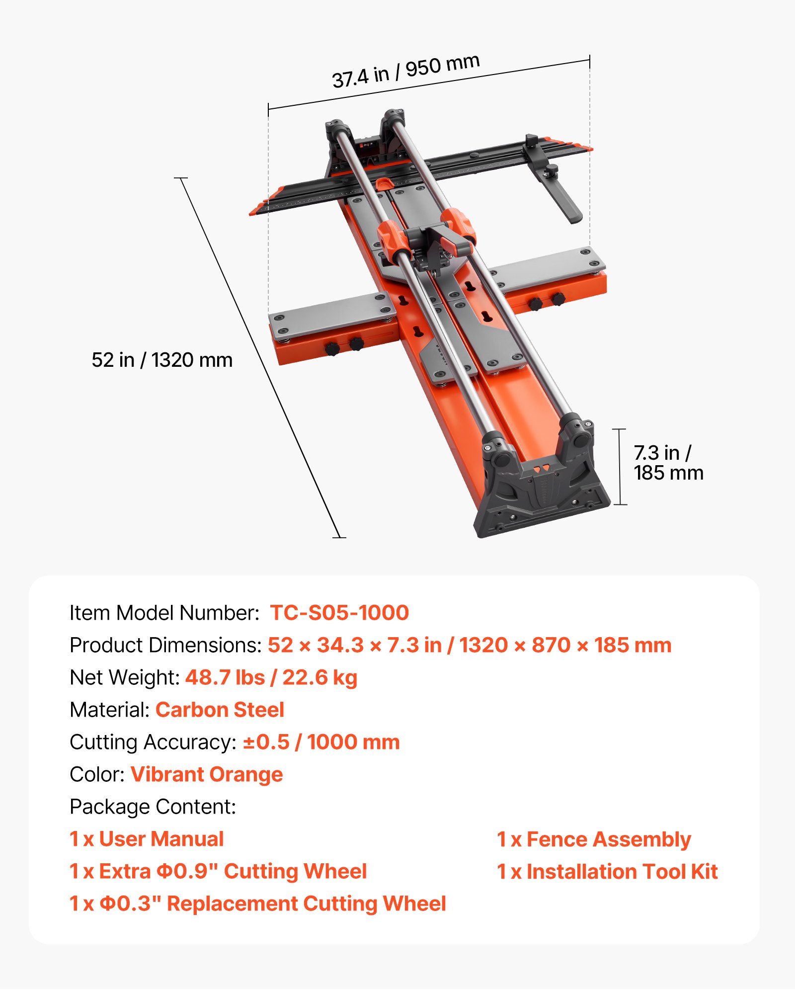 1000 mm Manual Tile Cutter, Upgraded Sliding Head Cutting Tool with Spring-Loaded Base, Angle Fence, Tungsten Carbide Cutting Wheel, Alignment Guide, for DIY Pros, Ceramic, Floor & Wall Tiles - Image 7