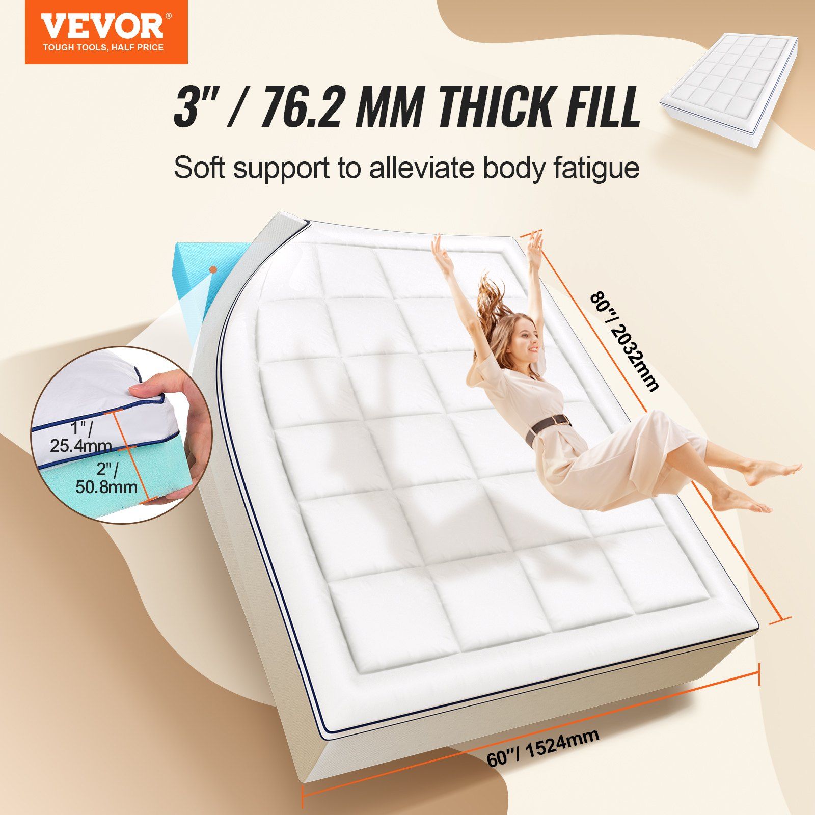 Mattress Topper, Queen Size, 76.2 mm Thickness, Memory Foam, Fiber Fill, Detachable & Washable, Ergonomically Designed for Pressure Relief, Comfortable Cooling & Breathable, for Hot Sleepers - Image 2