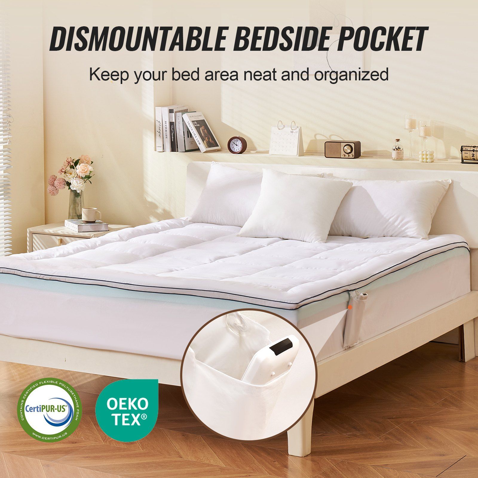 Mattress Topper, Queen Size, 76.2 mm Thickness, Memory Foam, Fiber Fill, Detachable & Washable, Ergonomically Designed for Pressure Relief, Comfortable Cooling & Breathable, for Hot Sleepers - Image 4